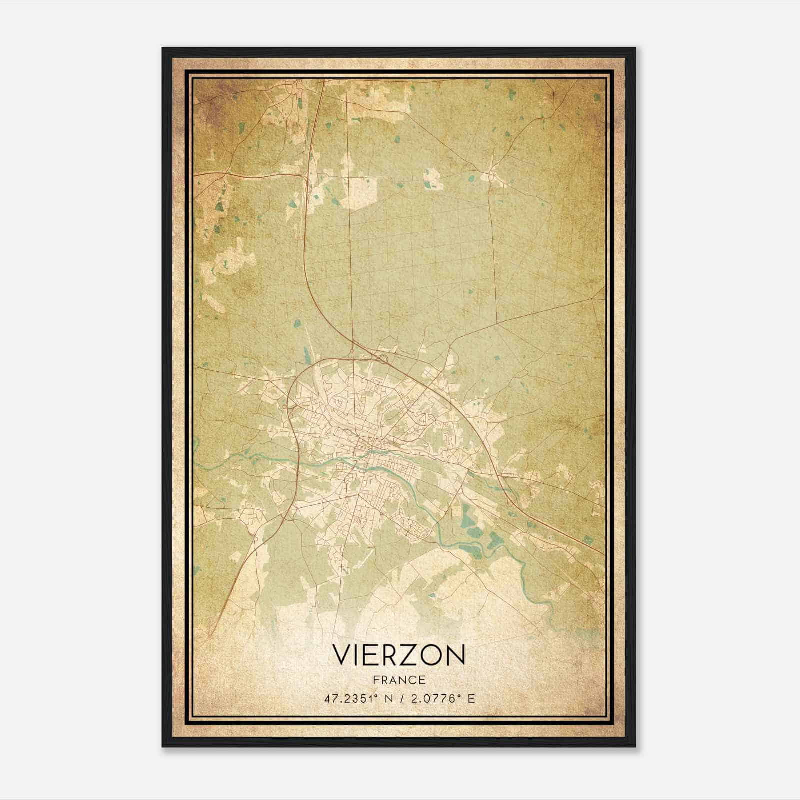 Vintage Vierzon France Map Poster, Vierzon City Road Wall Art Print