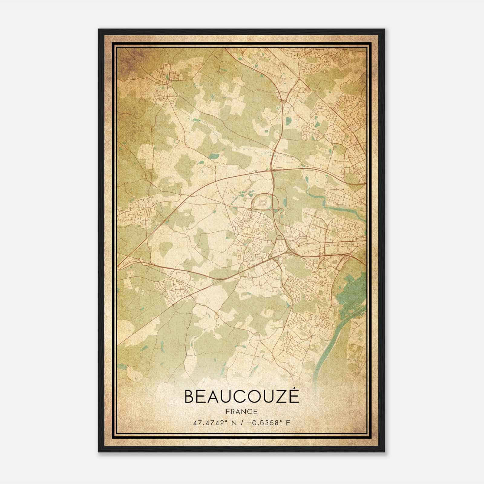Vintage Beaucouze France Map Poster, Beaucouze City Road Wall Art Print