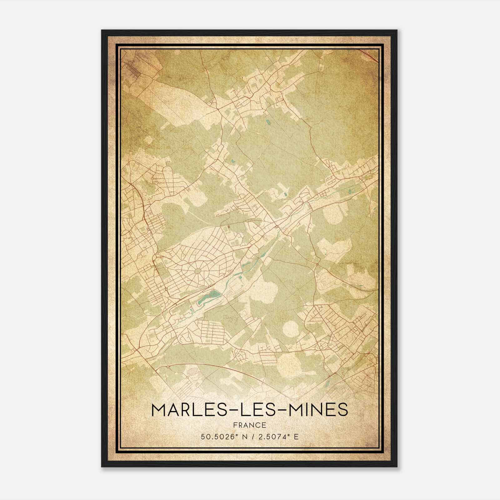 Vintage Marles-les-Mines France Map Poster, Marles-les-Mines City Road Wall Art Print