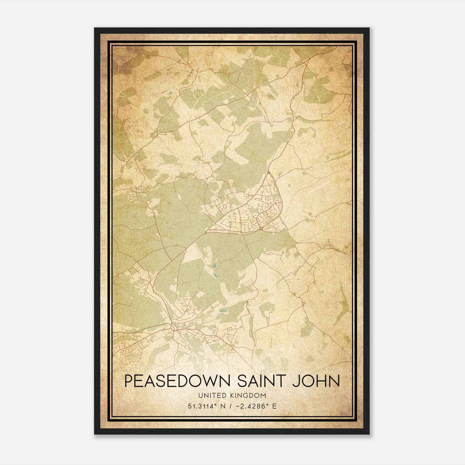 Vintage Peasedown Saint John United Kingdom Map Poster, Peasedown Saint John City Road Wall Art Print