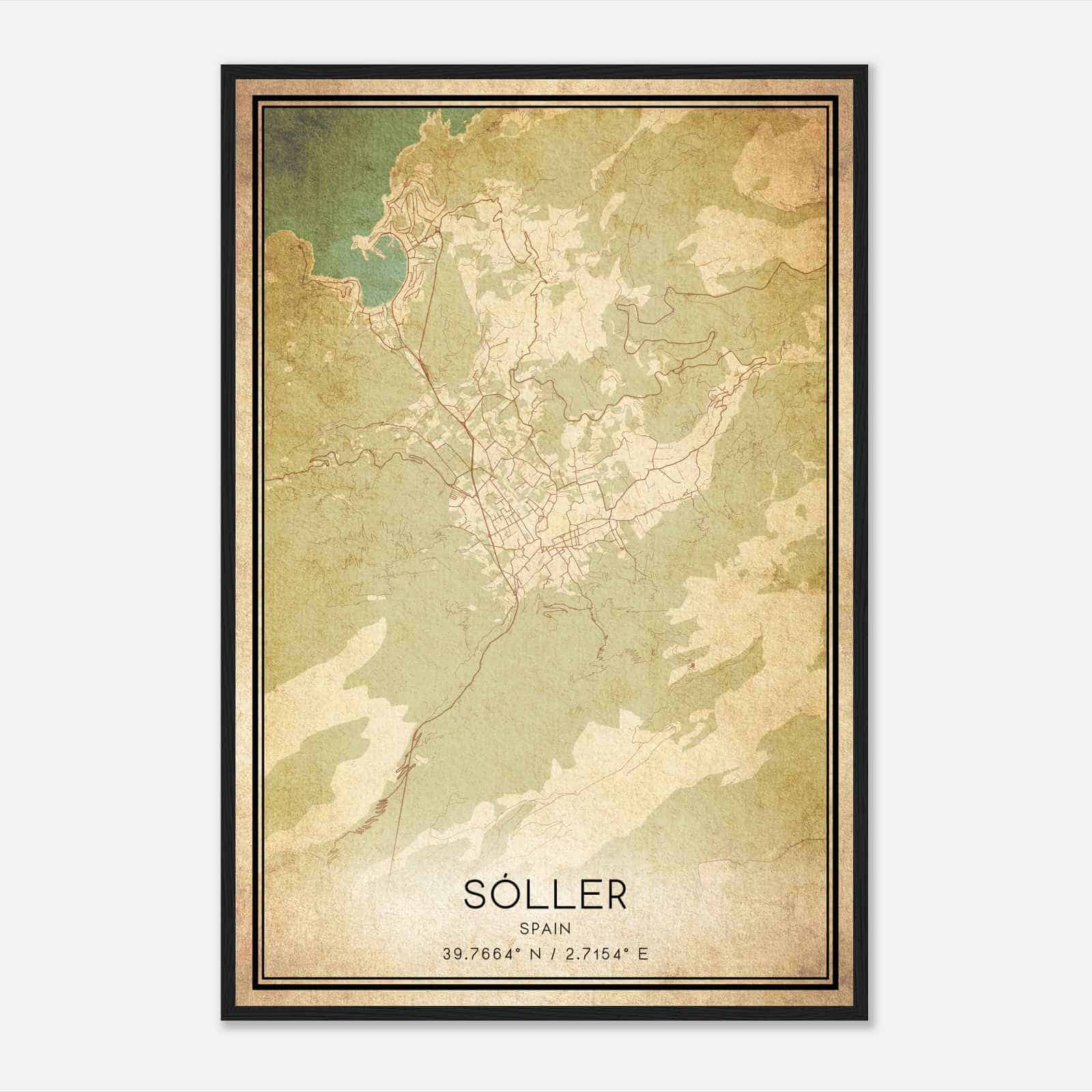 Vintage Soller Spain Map Poster, Soller City Road Wall Art Print