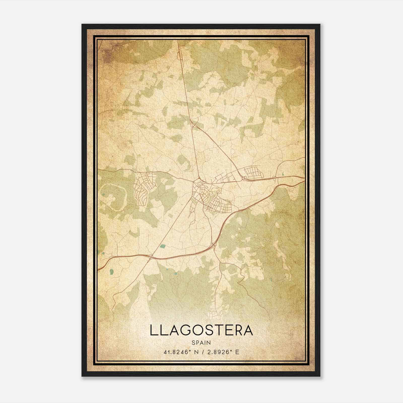 Vintage Llagostera Spain Map Poster, Llagostera City Road Wall Art Print
