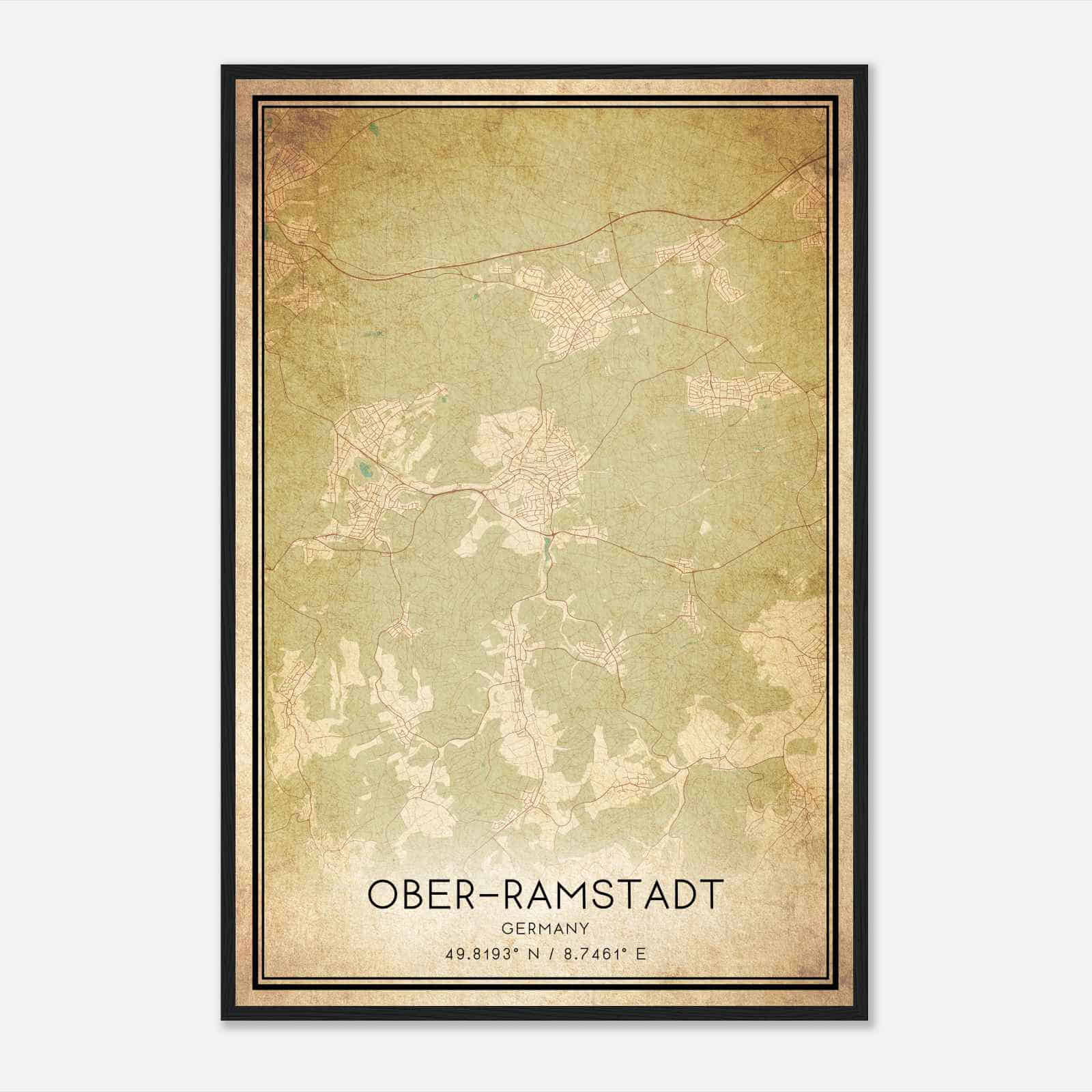 Vintage Ober-Ramstadt Germany Map Poster, Ober-Ramstadt City Road Wall Art Print