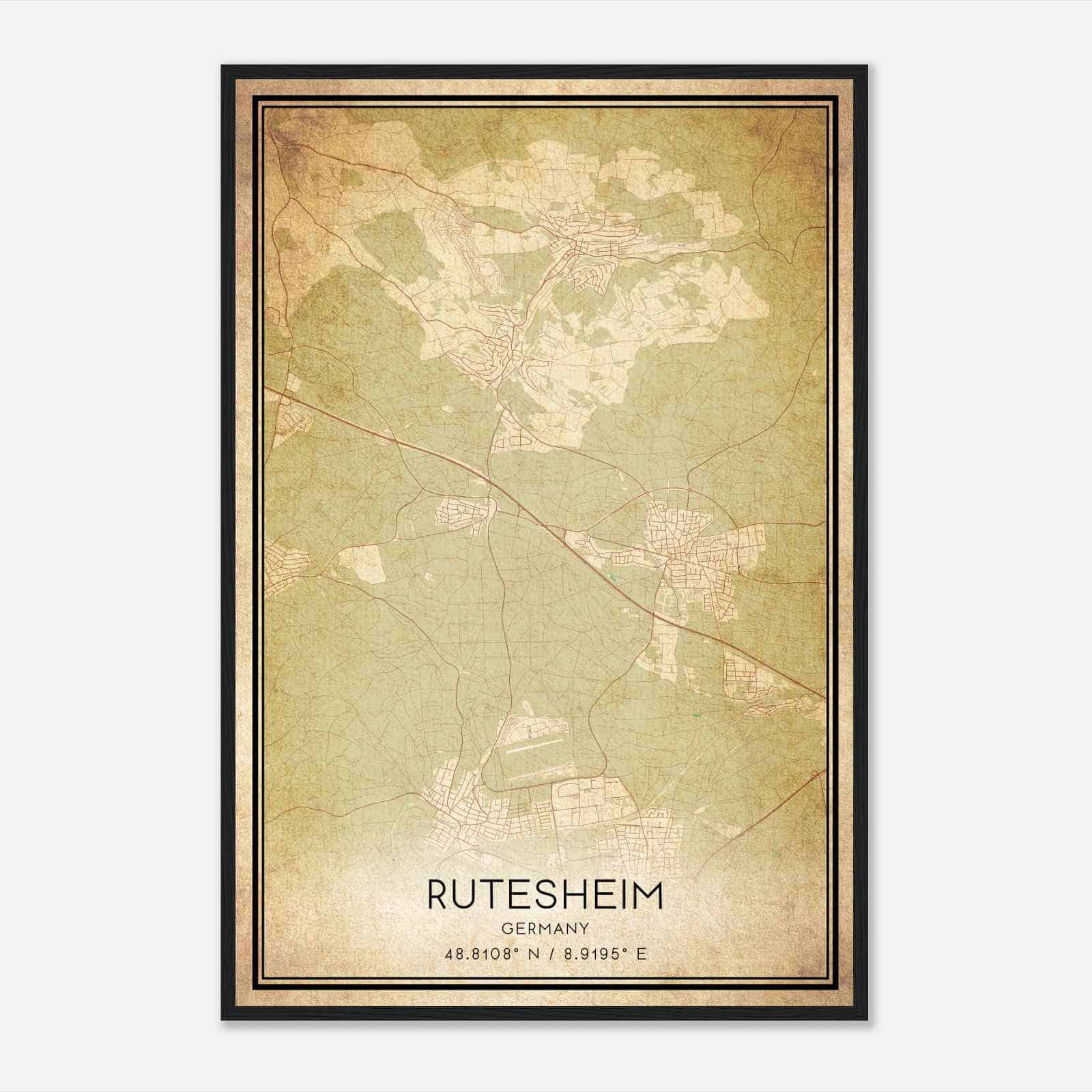 Vintage Rutesheim Germany Map Poster, Rutesheim City Road Wall Art Print