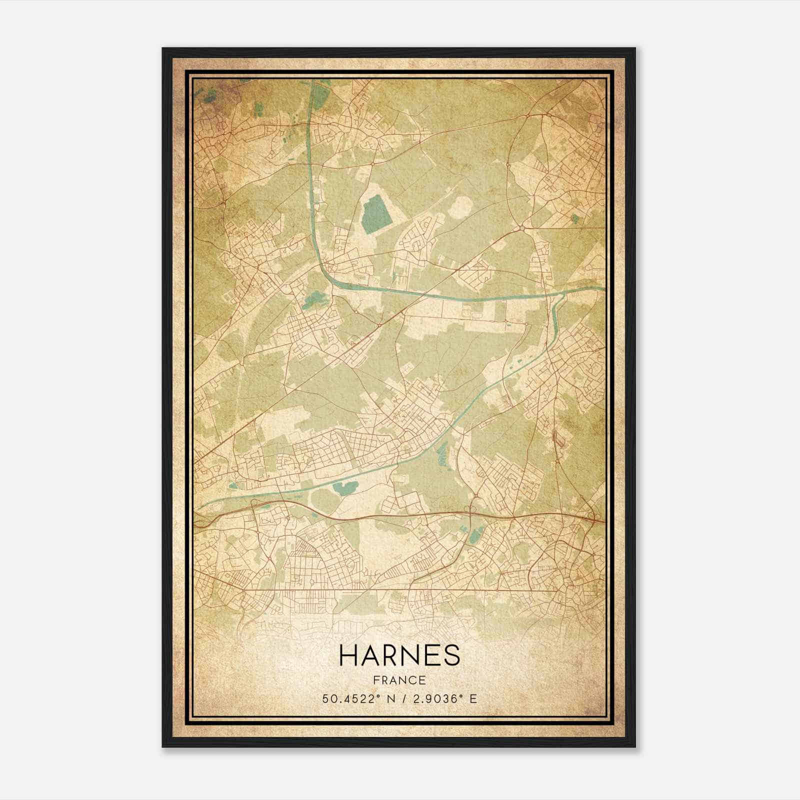 Vintage Harnes France Map Poster, Harnes City Road Wall Art Print