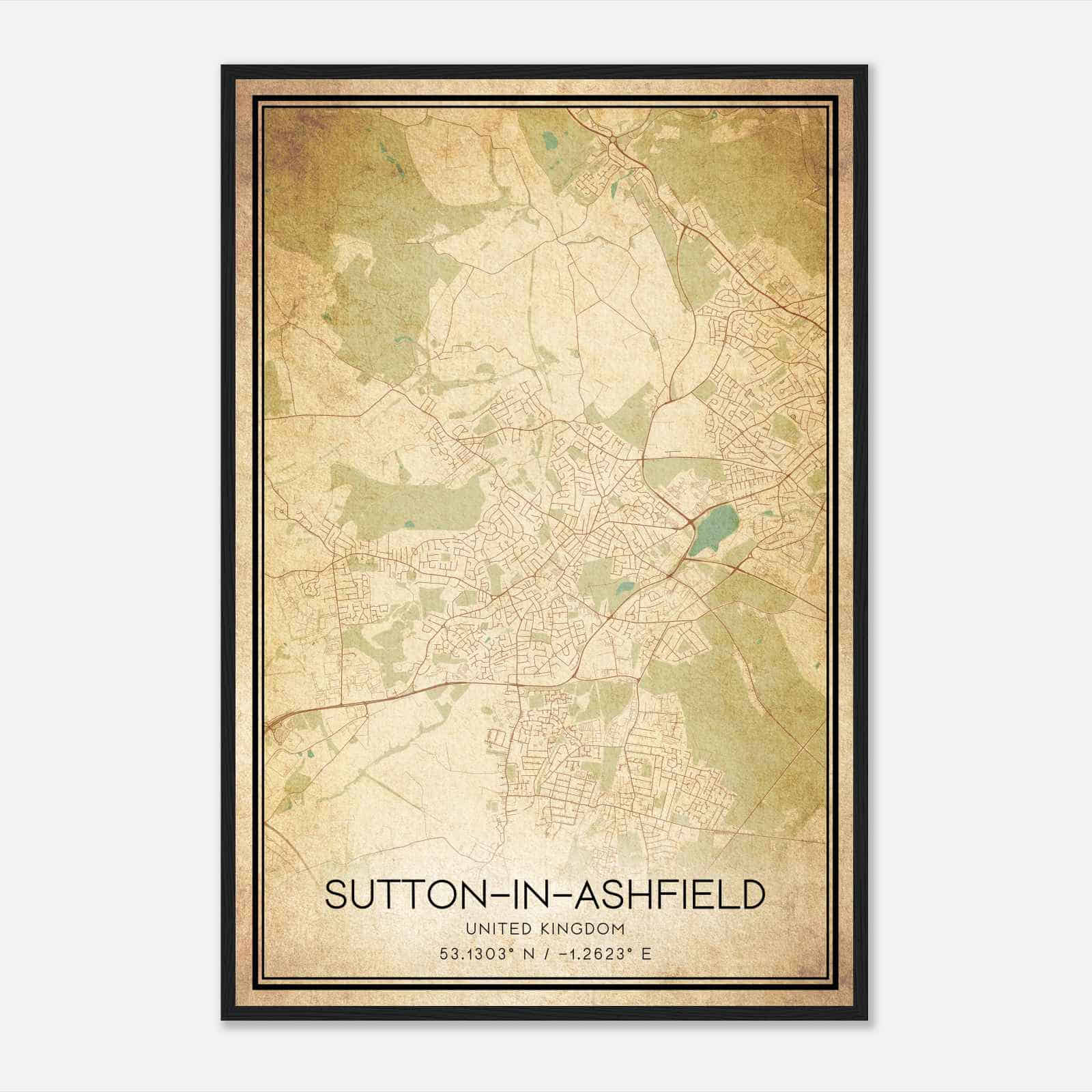 Vintage Sutton in Ashfield United Kingdom Map Poster, Sutton in Ashfield City Road Wall Art Print