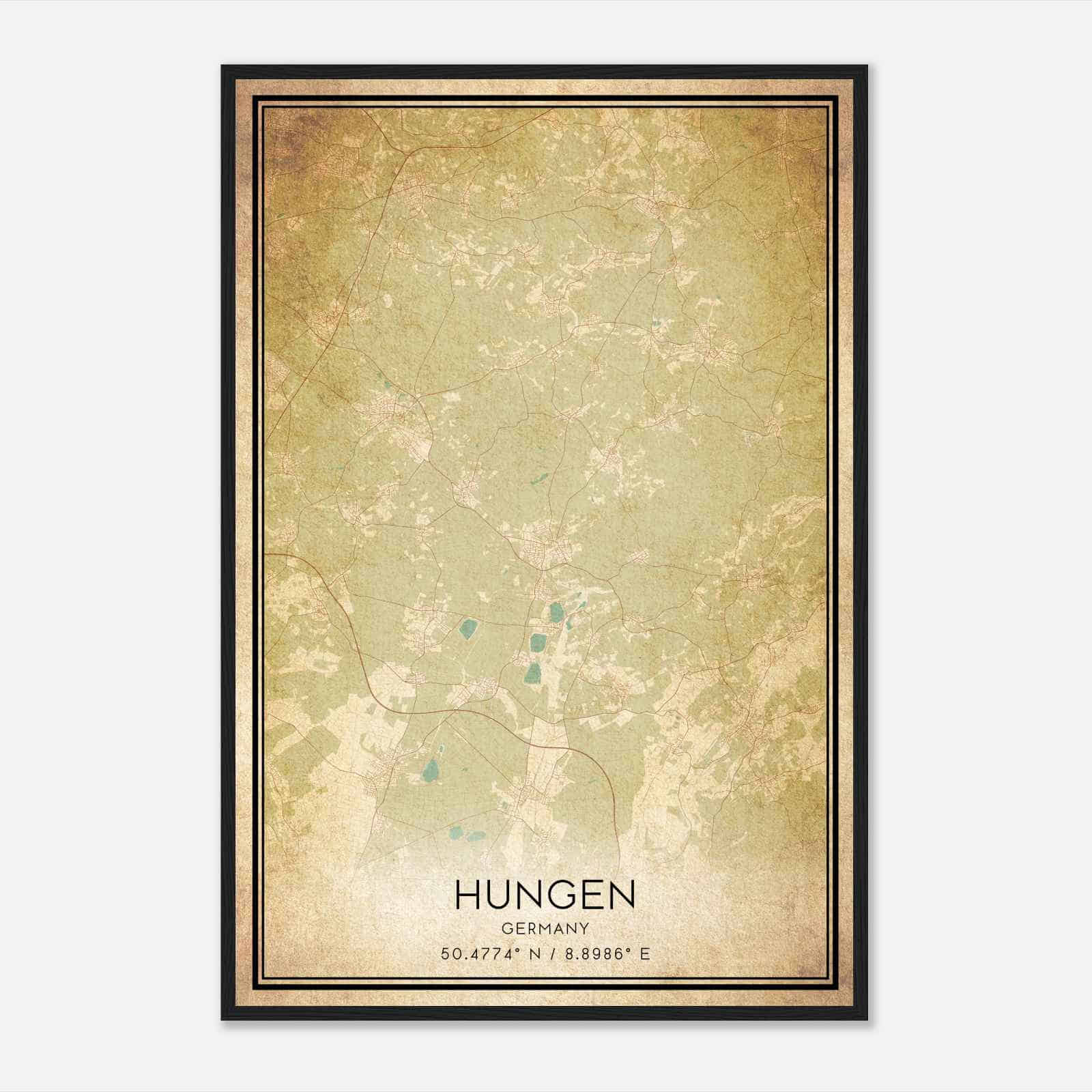Vintage Hungen Germany Map Poster, Hungen City Road Wall Art Print