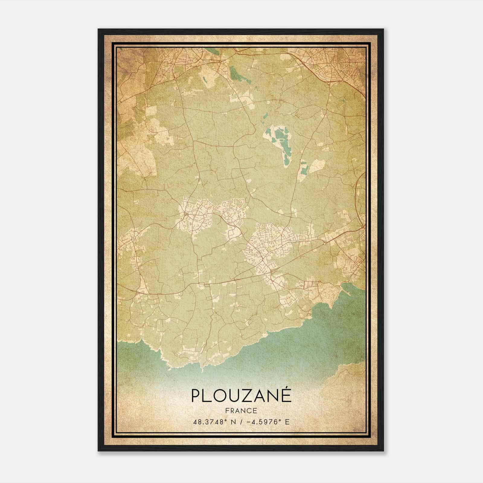 Vintage Plouzane France Map Poster, Plouzane City Road Wall Art Print
