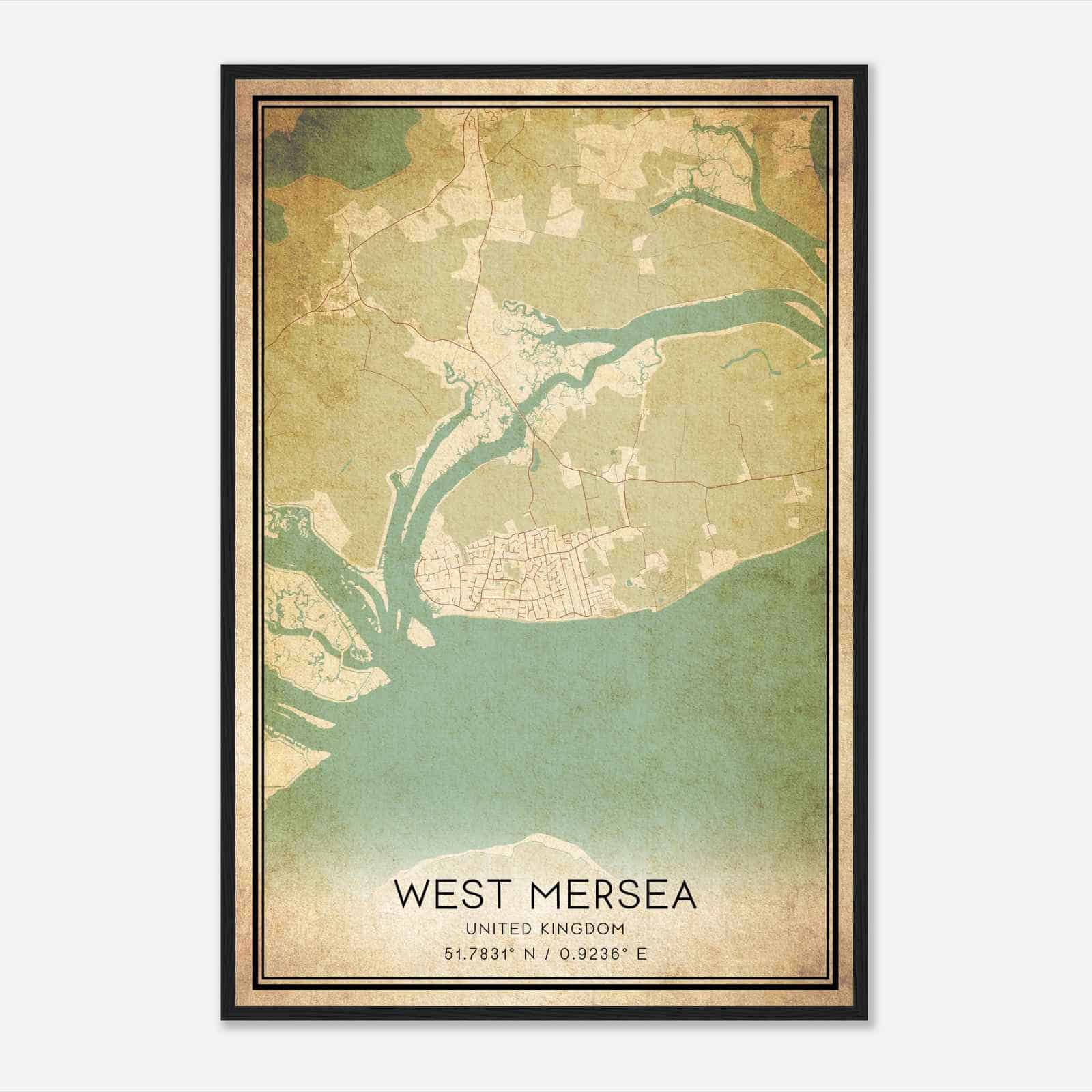 Vintage West Mersea United Kingdom Map Poster, West Mersea City Road Wall Art Print