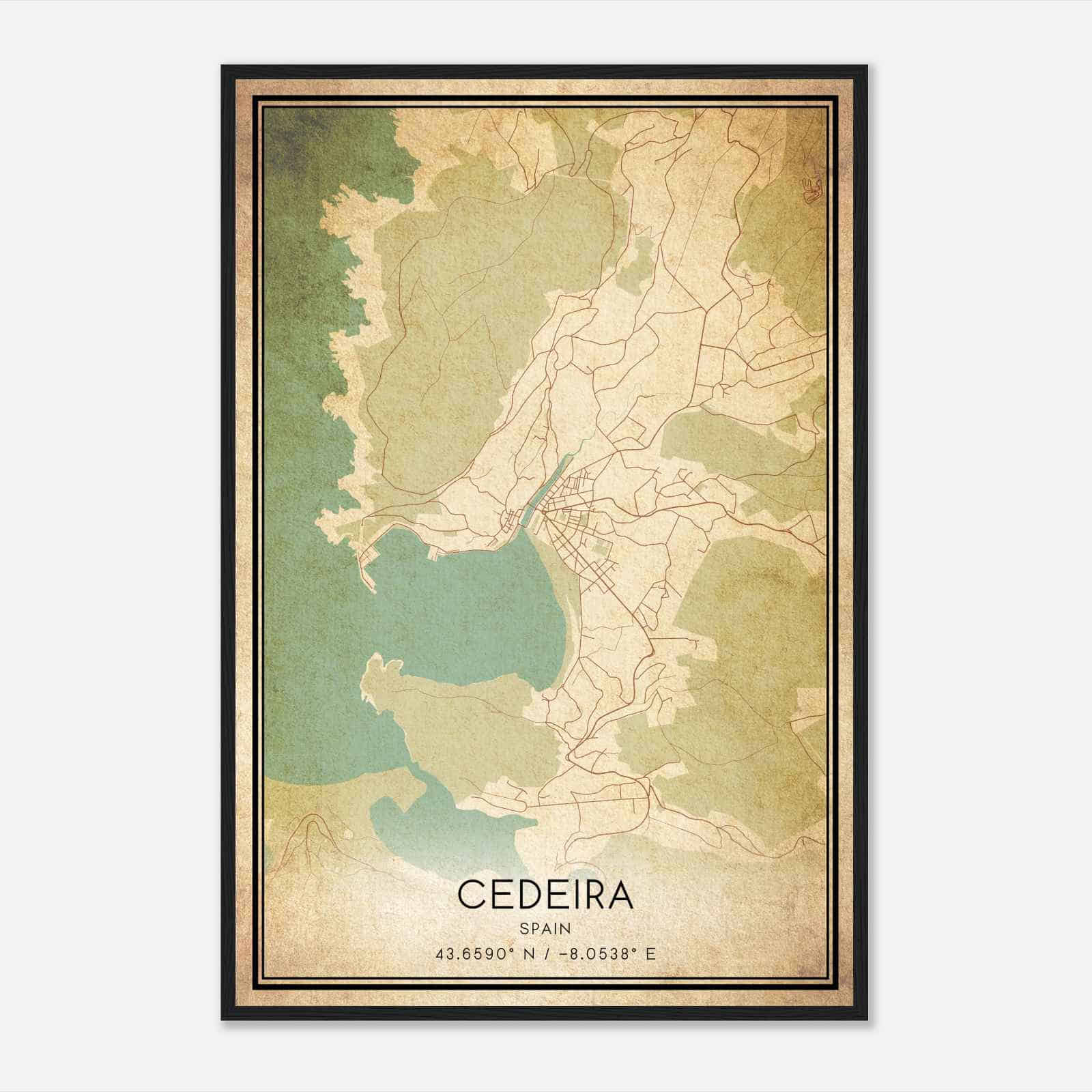 Vintage Cedeira Spain Map Poster, Cedeira City Road Wall Art Print