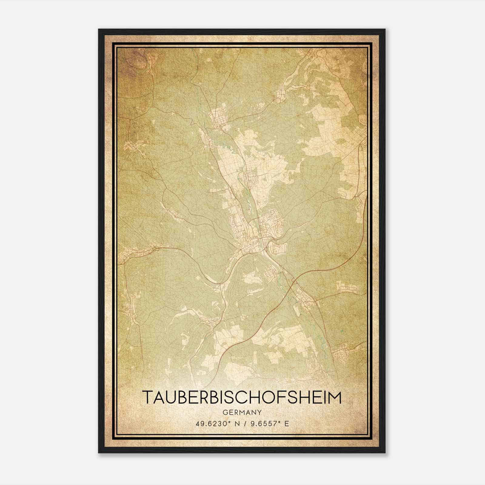 Vintage Tauberbischofsheim Germany Map Poster, Tauberbischofsheim City Road Wall Art Print