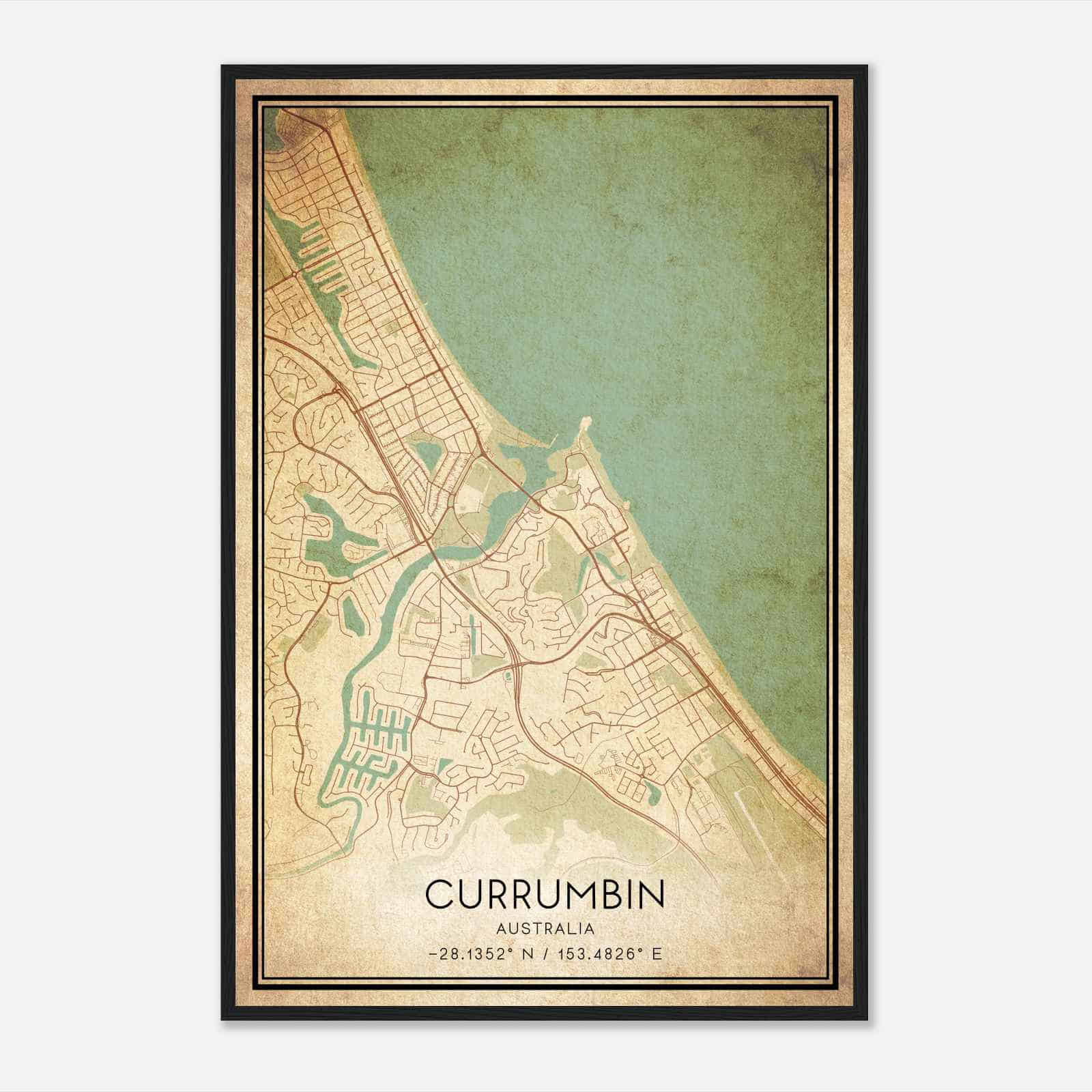Vintage Currumbin Australia Map Poster, Currumbin City Road Wall Art Print Vintage Currumbin Australia Map Poster, Currumbin City Road Wall Art Print