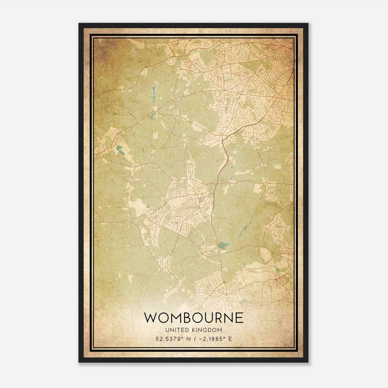 Vintage Wombourn United Kingdom Map Poster, Wombourn City Road Wall Art Print