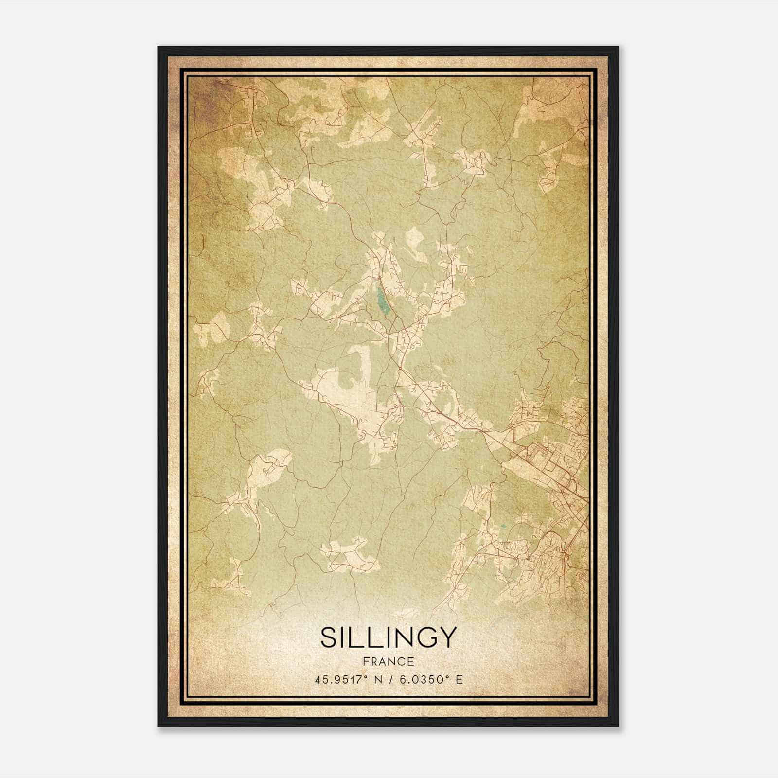 Vintage Sillingy France Map Poster, Sillingy City Road Wall Art Print