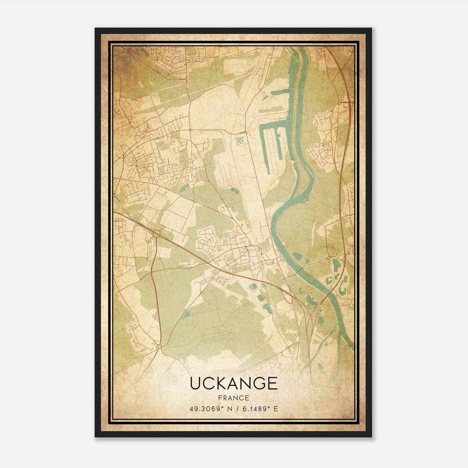 Vintage Uckange France Map Poster, Uckange City Road Wall Art Print