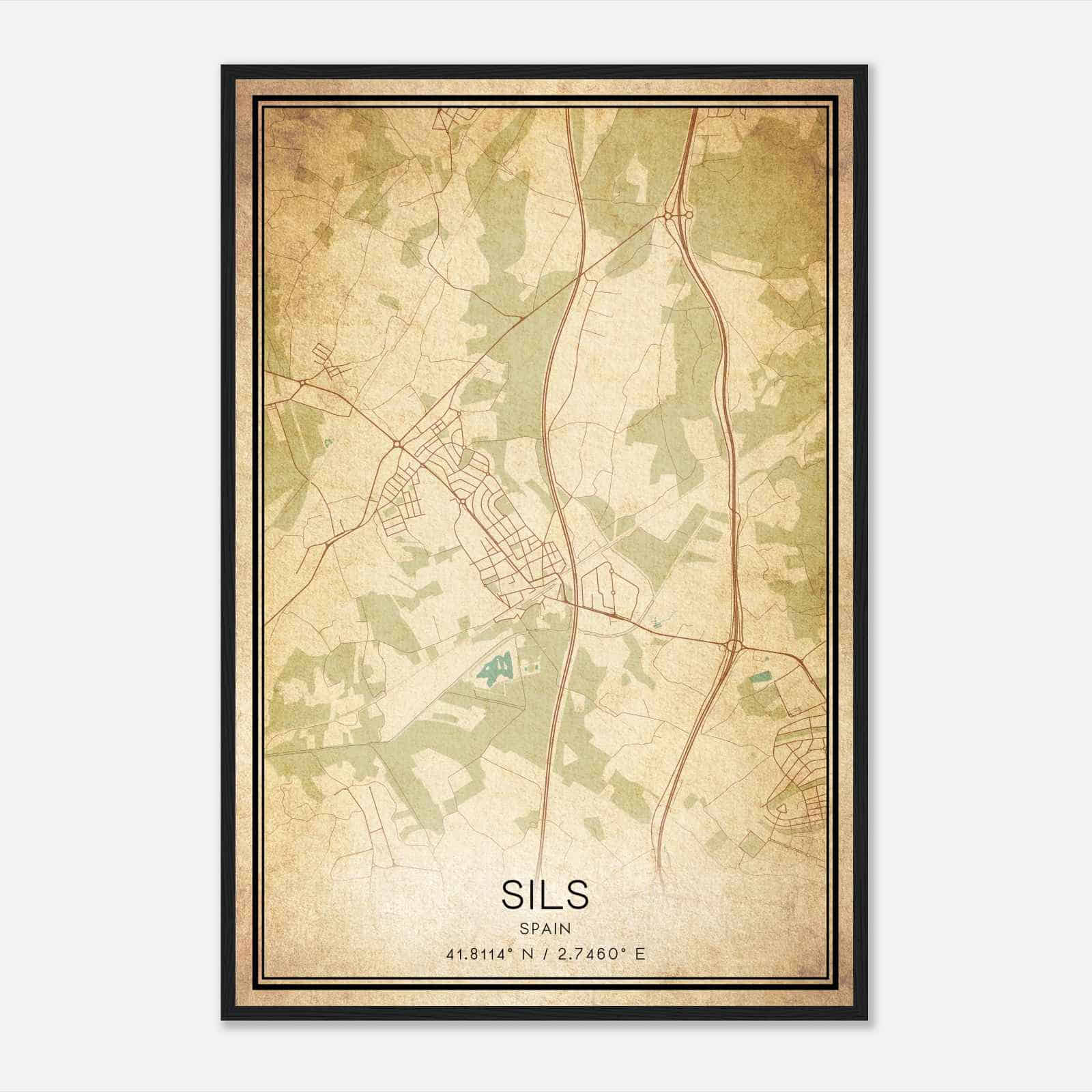 Vintage Sils Spain Map Poster, Sils City Road Wall Art Print