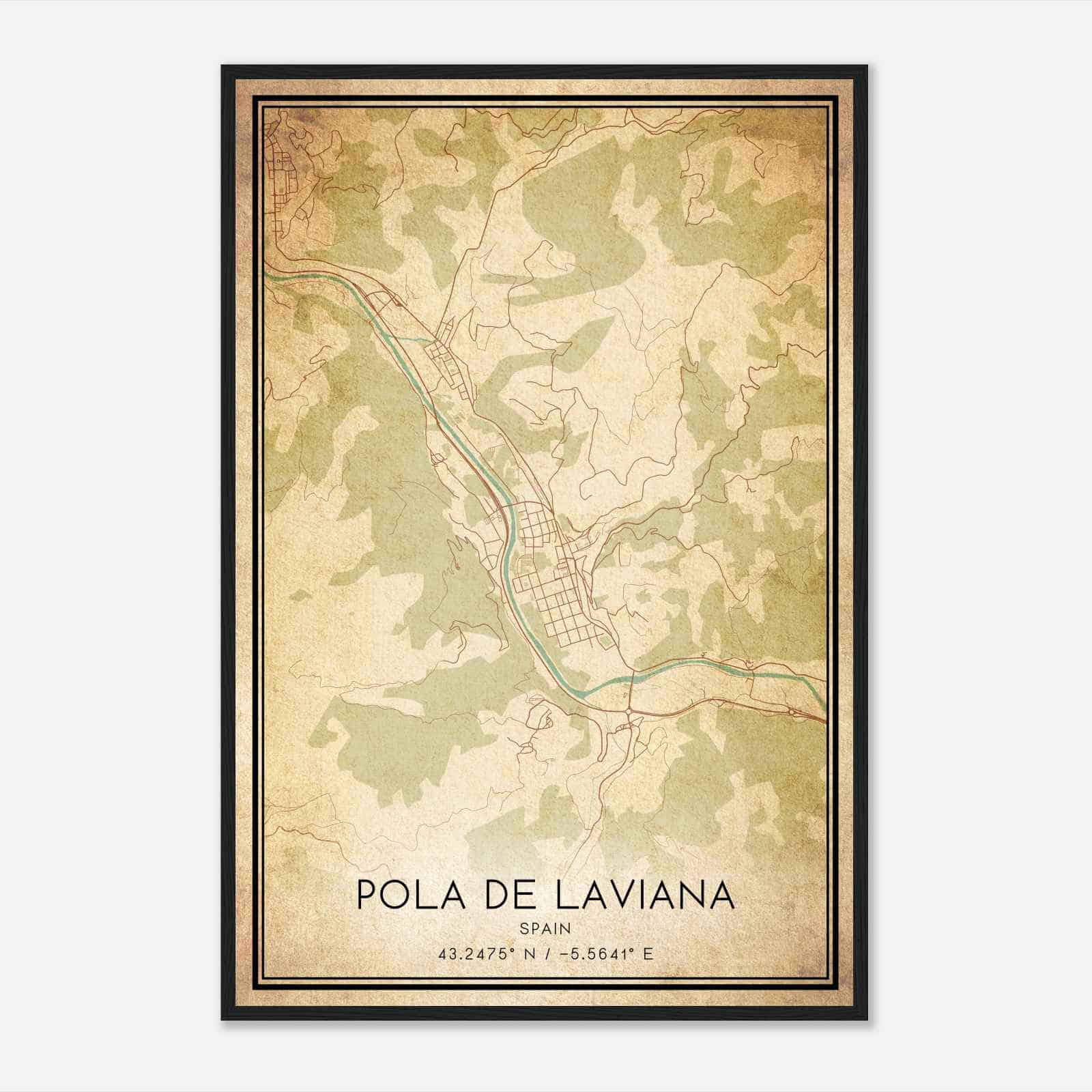 Vintage Pola de Laviana Spain Map Poster, Pola de Laviana City Road Wall Art Print