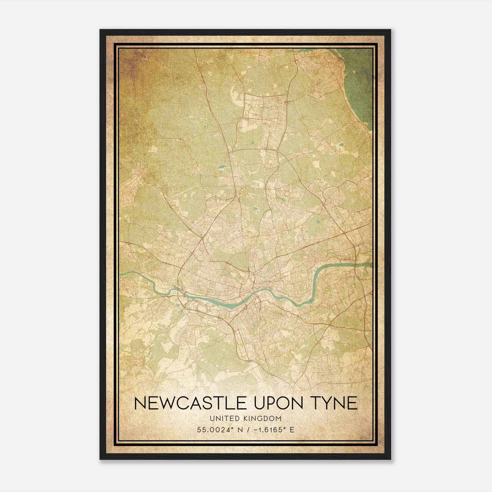 Vintage Newcastle United Kingdom Map Poster, Newcastle City Road Wall Art Print