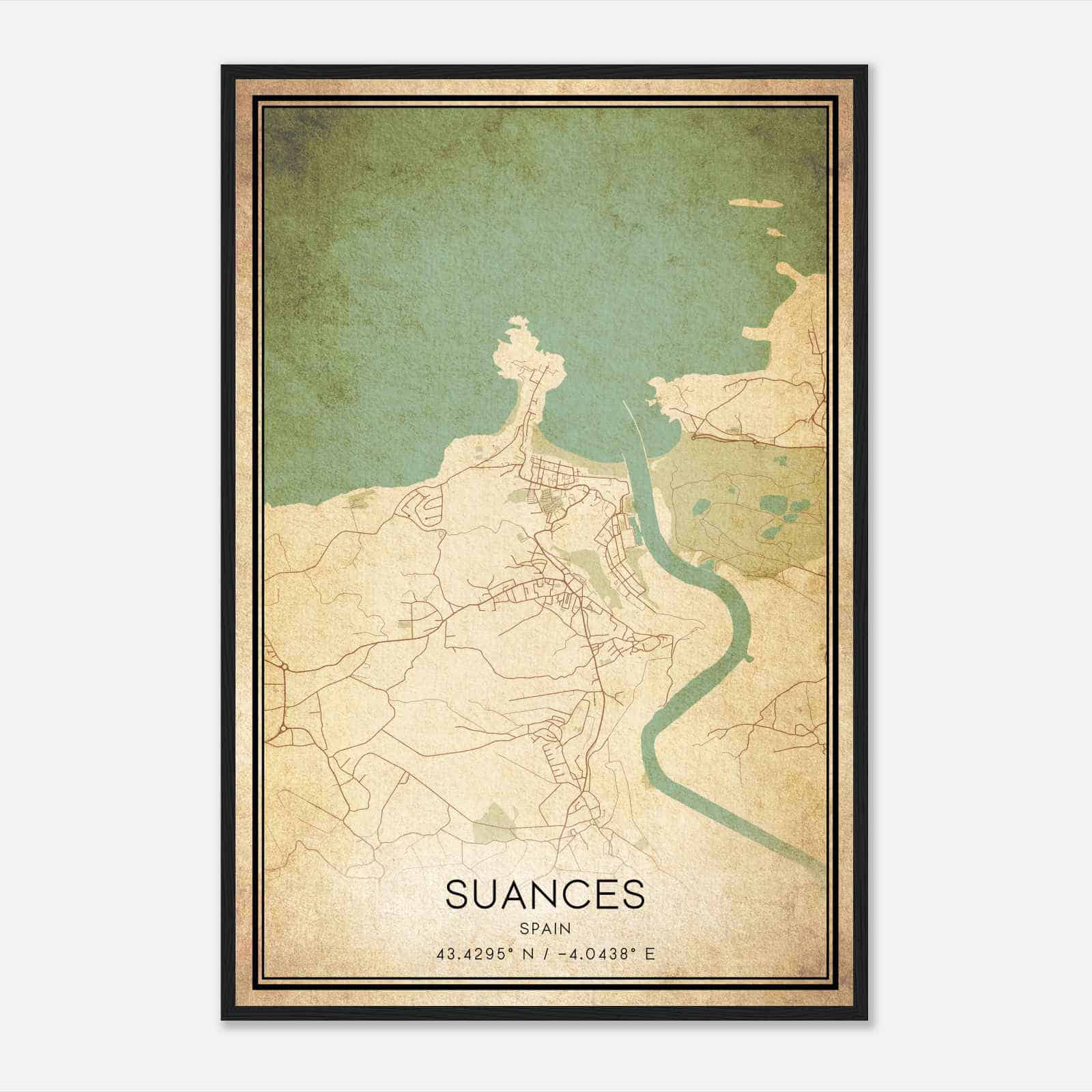 Vintage Suances Spain Map Poster, Suances City Road Wall Art Print