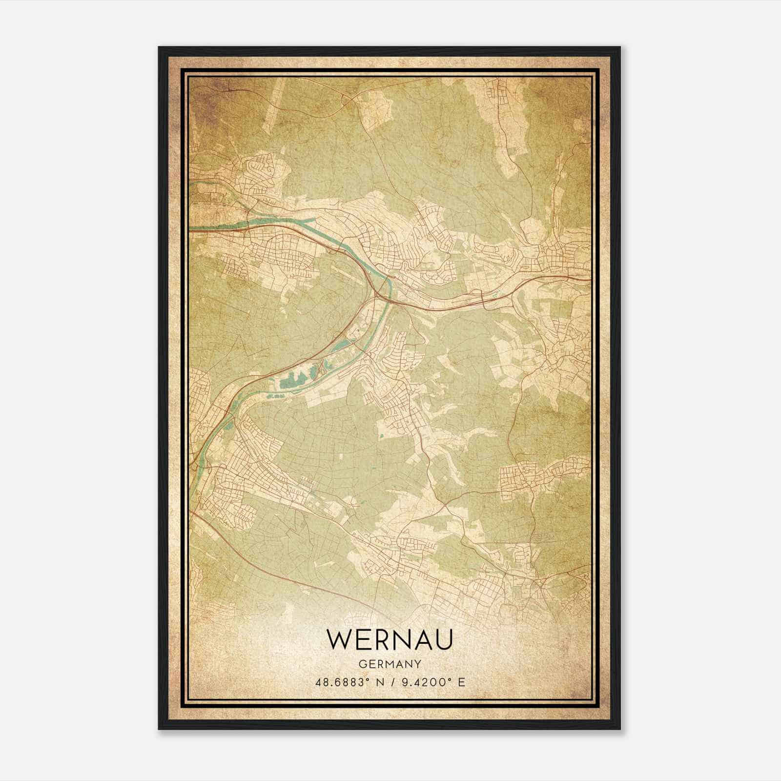 Vintage Wernau Germany Map Poster, Wernau City Road Wall Art Print
