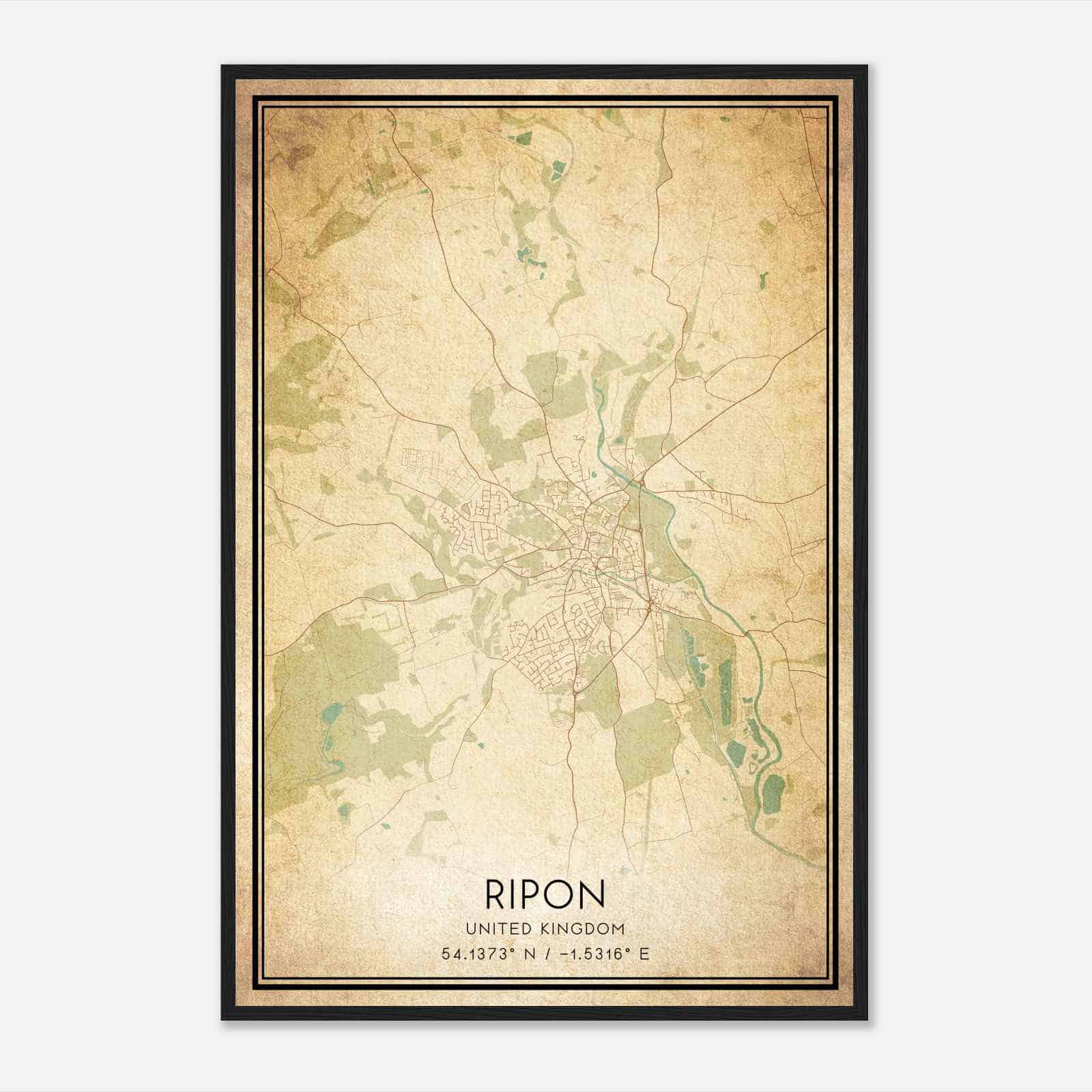Vintage Ripon United Kingdom Map Poster, Ripon City Road Wall Art Print