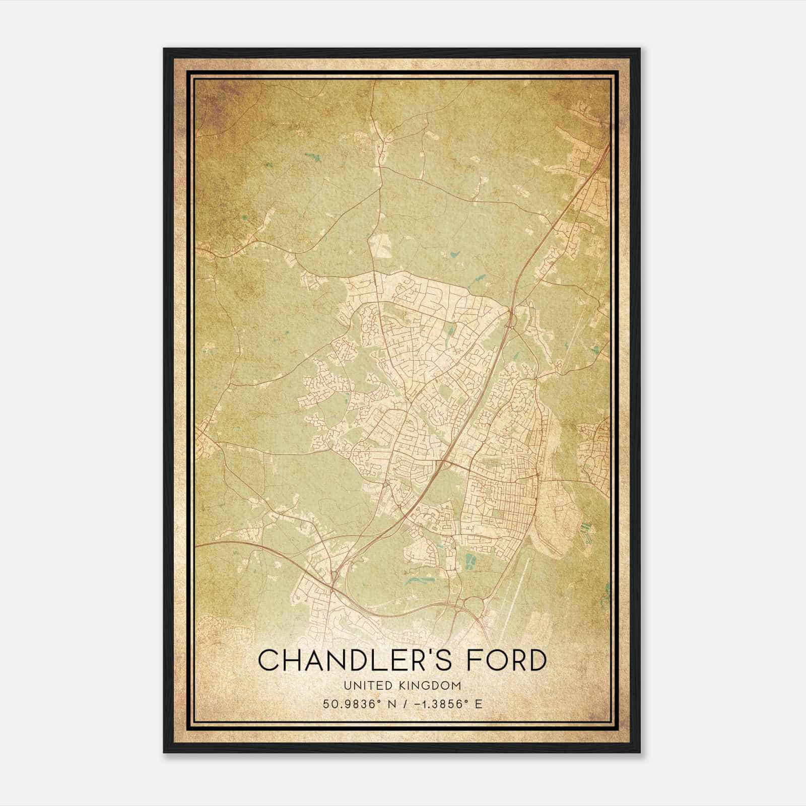 Vintage Chandlers Ford United Kingdom Map Poster, Chandlers Ford City Road Wall Art Print