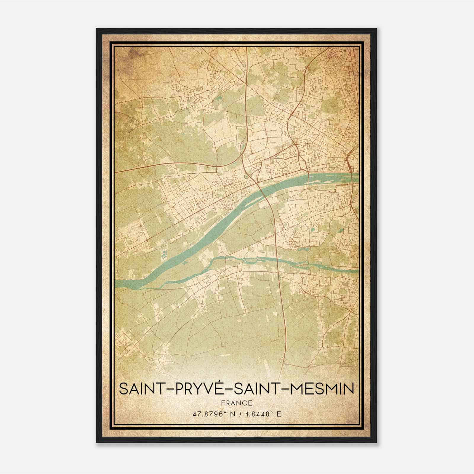 Vintage Saint-Pryve-Saint-Mesmin France Map Poster, Saint-Pryve-Saint-Mesmin City Road Wall Art Print