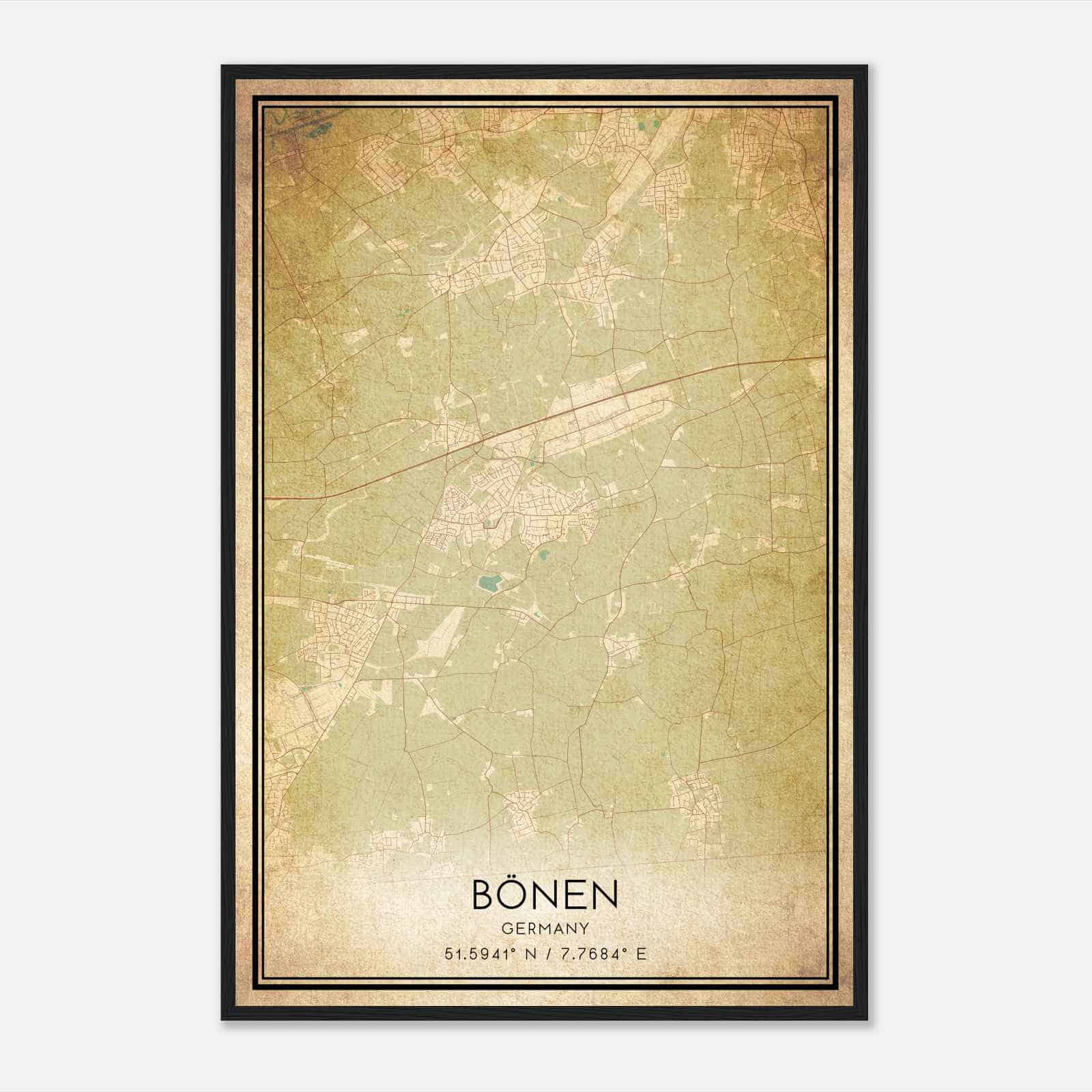 Vintage Bonen Germany Map Poster, Bonen City Road Wall Art Print
