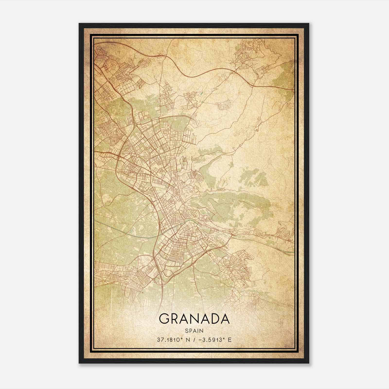 Vintage Granada Spain Map Poster, Granada City Road Wall Art Print