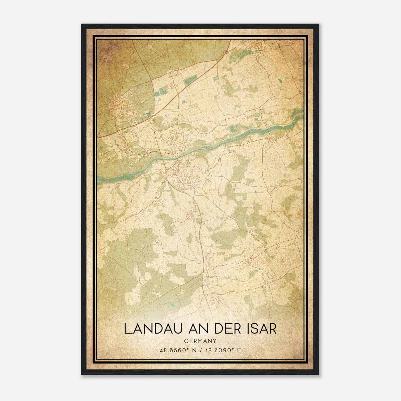 Vintage Landau an der Isar Germany Map Poster, Landau an der Isar City Road Wall Art Print