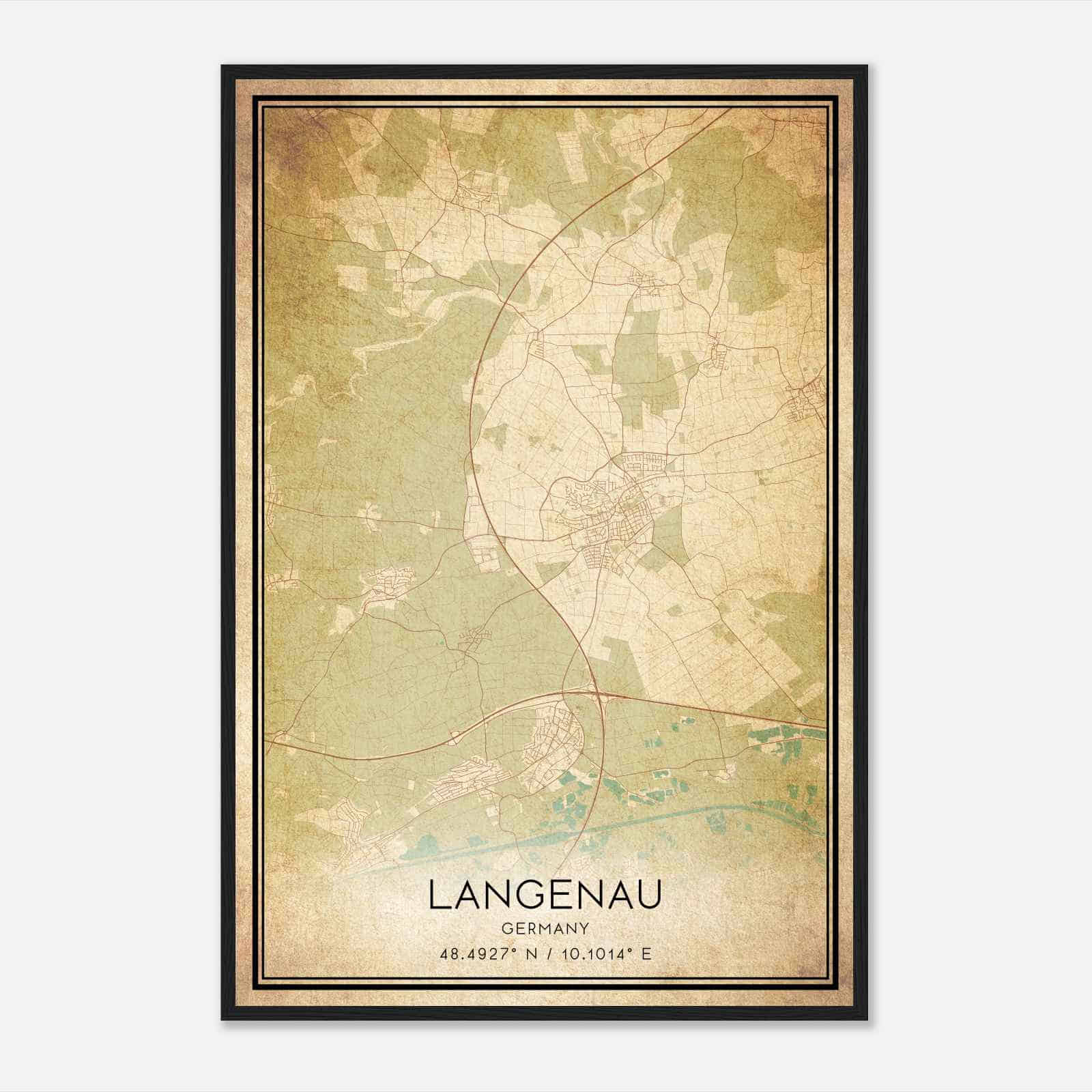 Vintage Langenau Germany Map Poster, Langenau City Road Wall Art Print