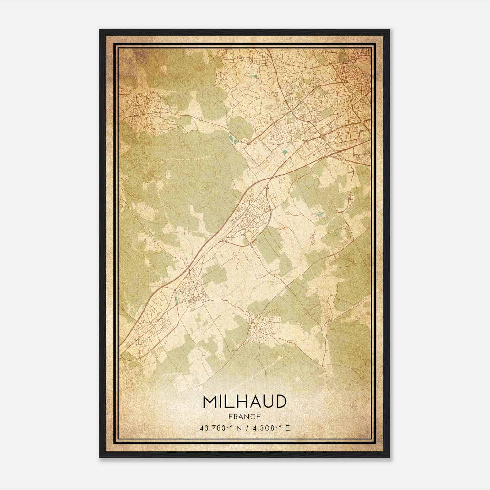 Vintage Milhaud France Map Poster, Milhaud City Road Wall Art Print