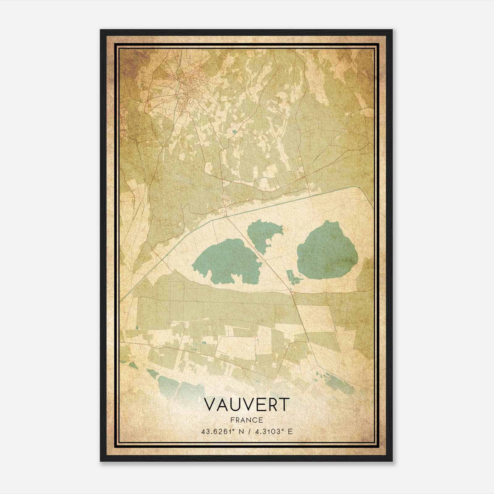 Vintage Vauvert France Map Poster, Vauvert City Road Wall Art Print