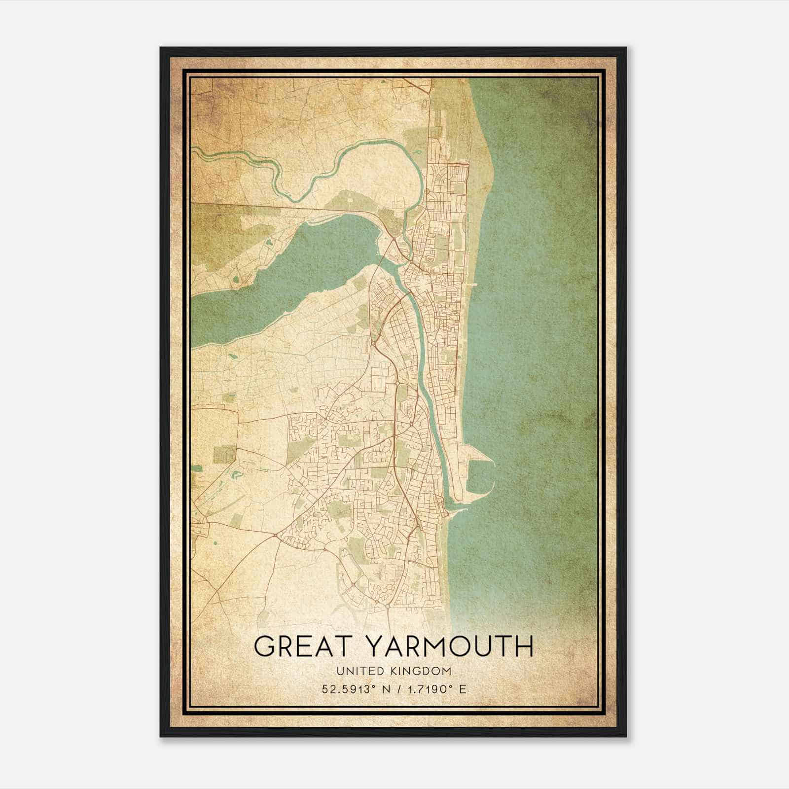 Vintage Great Yarmouth United Kingdom Map Poster, Great Yarmouth City Road Wall Art Print