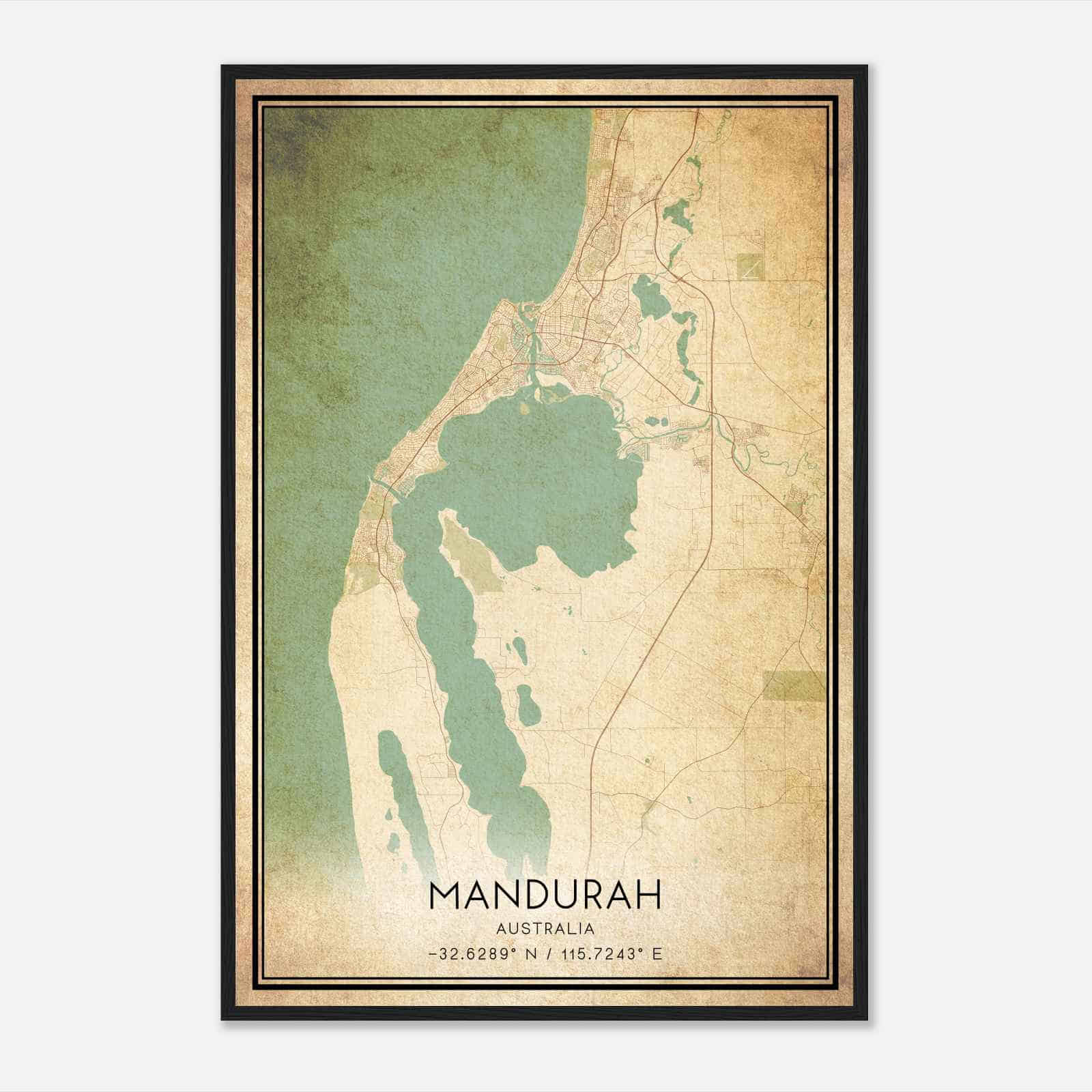Vintage Mandurah Australia Map Poster, Mandurah City Road Wall Art Print