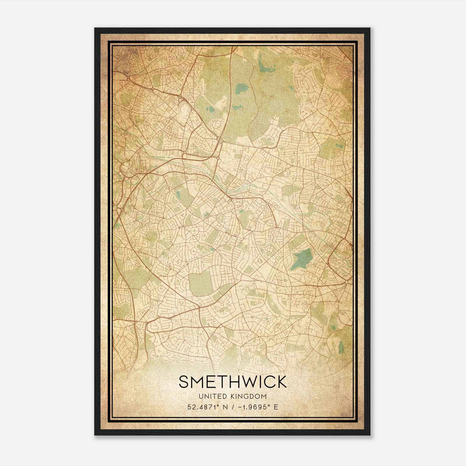 Vintage Smethwick United Kingdom Map Poster, Smethwick City Road Wall Art Print