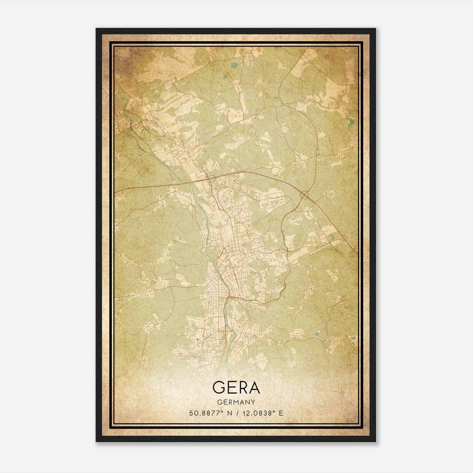 Vintage Gera Germany Map Poster, Gera City Road Wall Art Print