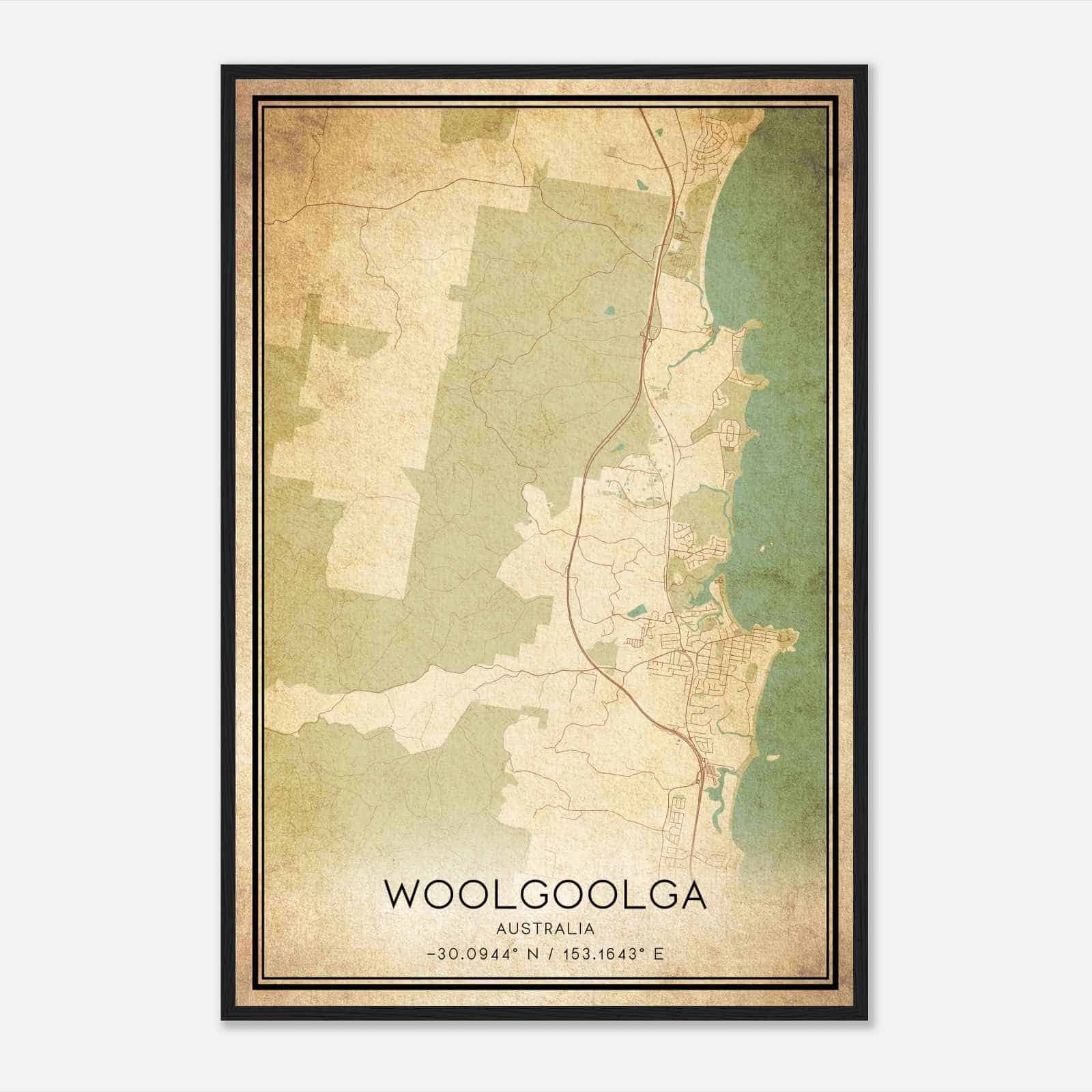 Vintage Woolgoolga Australia Map Poster, Woolgoolga City Road Wall Art Print