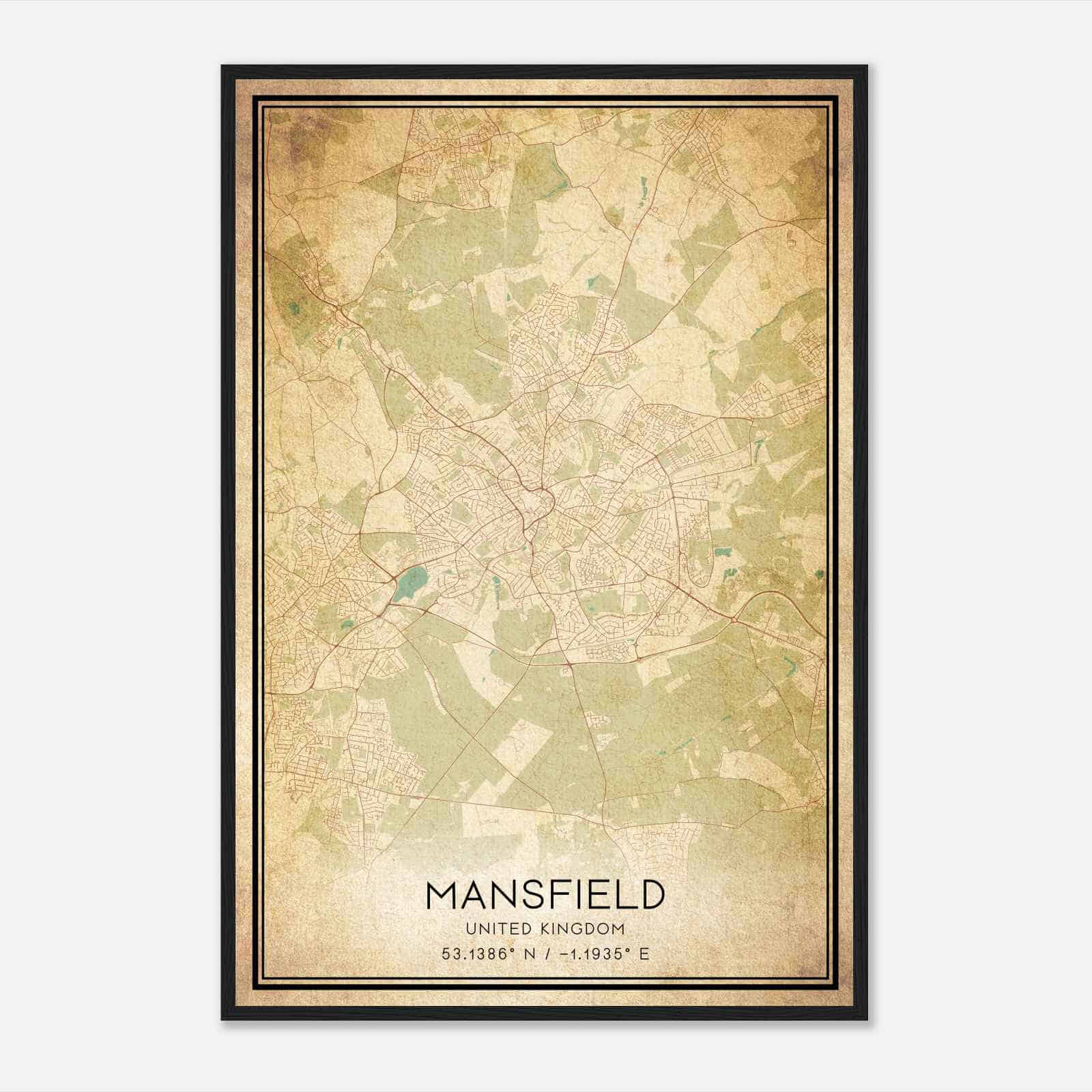 Vintage Mansfield United Kingdom Map Poster, Mansfield City Road Wall Art Print