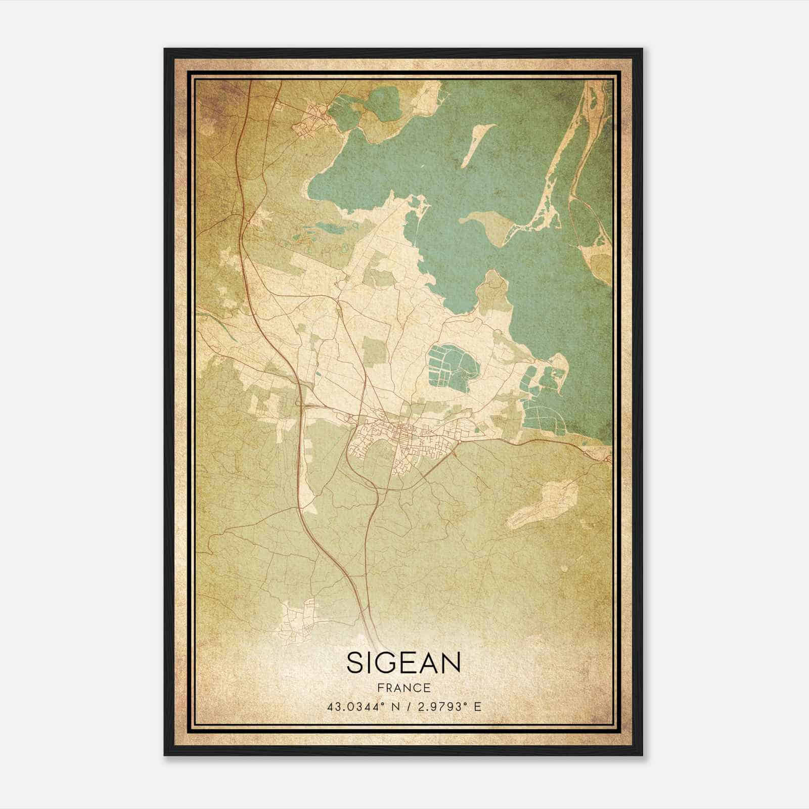 Vintage Sigean France Map Poster, Sigean City Road Wall Art Print