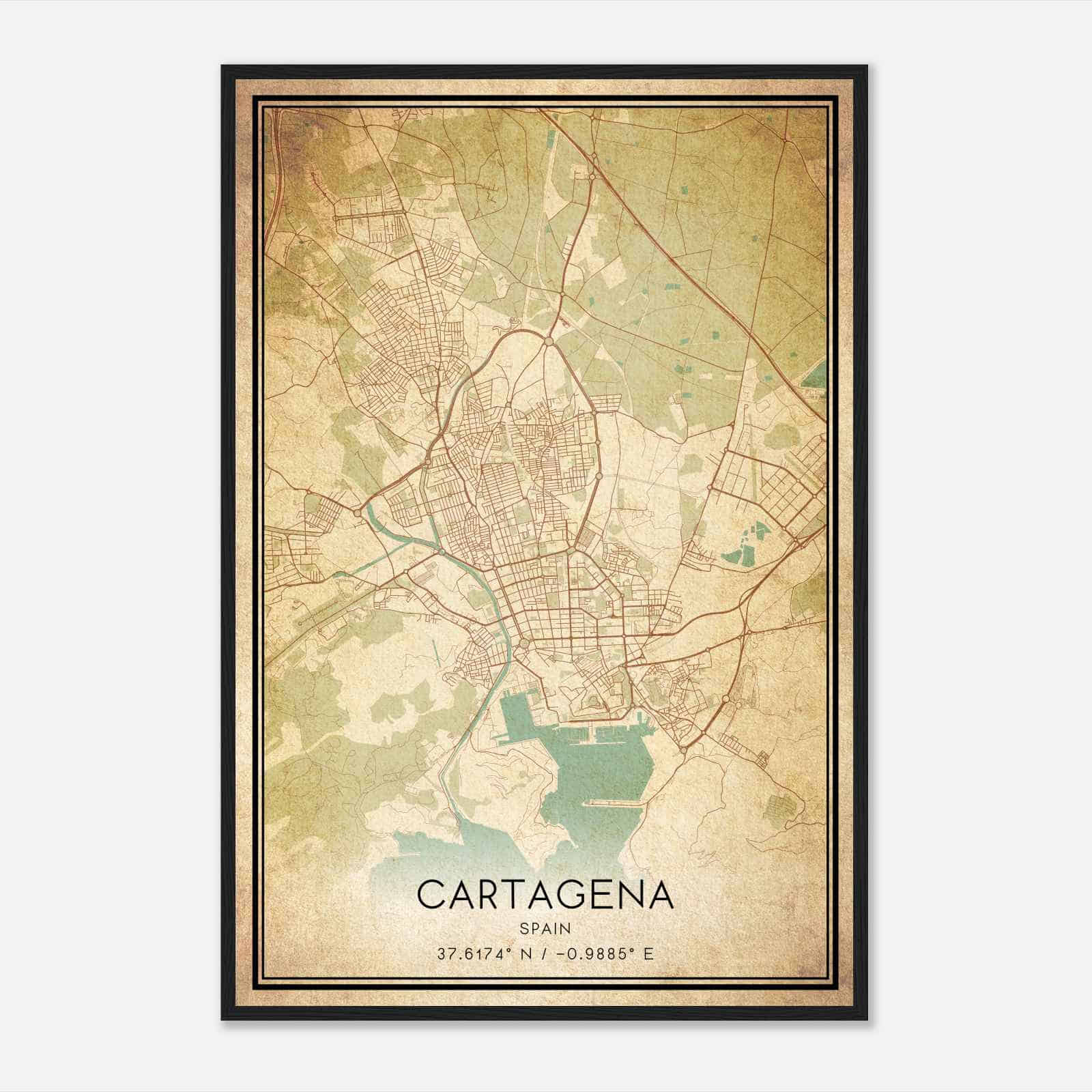 Vintage Cartagena Spain Map Poster, Cartagena City Road Wall Art Print