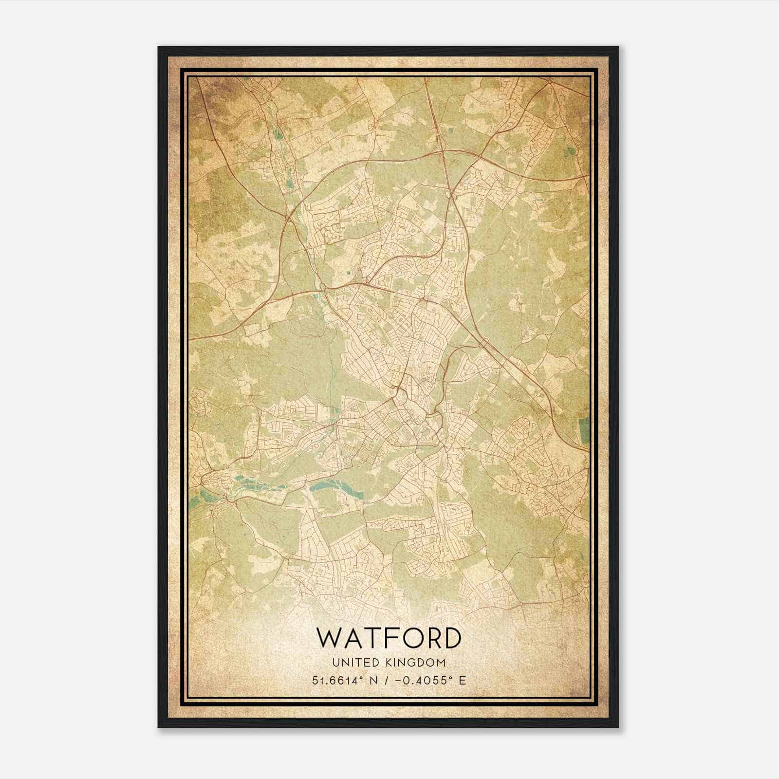 Vintage Watford United Kingdom Map Poster, Watford City Road Wall Art Print