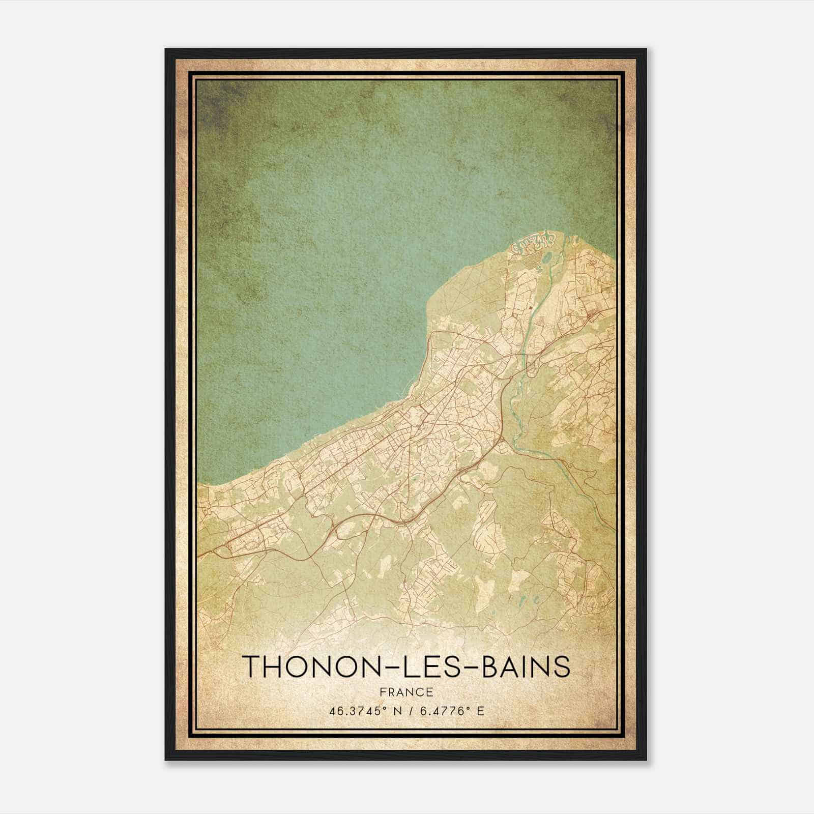 Vintage Thonon-les-Bains France Map Poster, Thonon-les-Bains City Road Wall Art Print