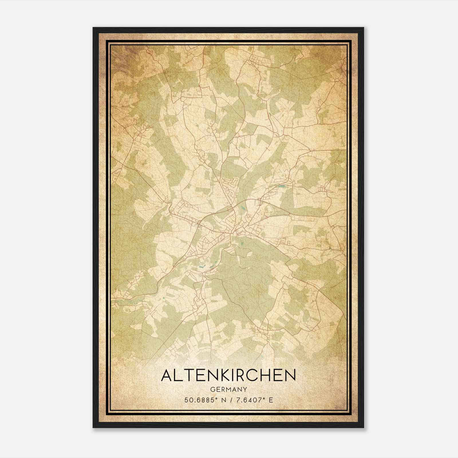 Vintage Altenkirchen Germany Map Poster, Altenkirchen City Road Wall Art Print