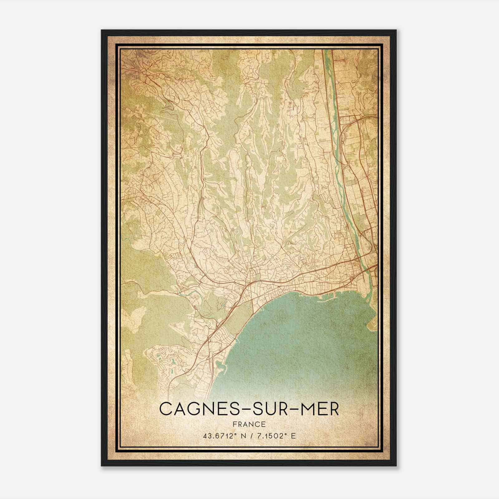Vintage Cagnes-sur-Mer France Map Poster, Cagnes-sur-Mer City Road Wall Art Print