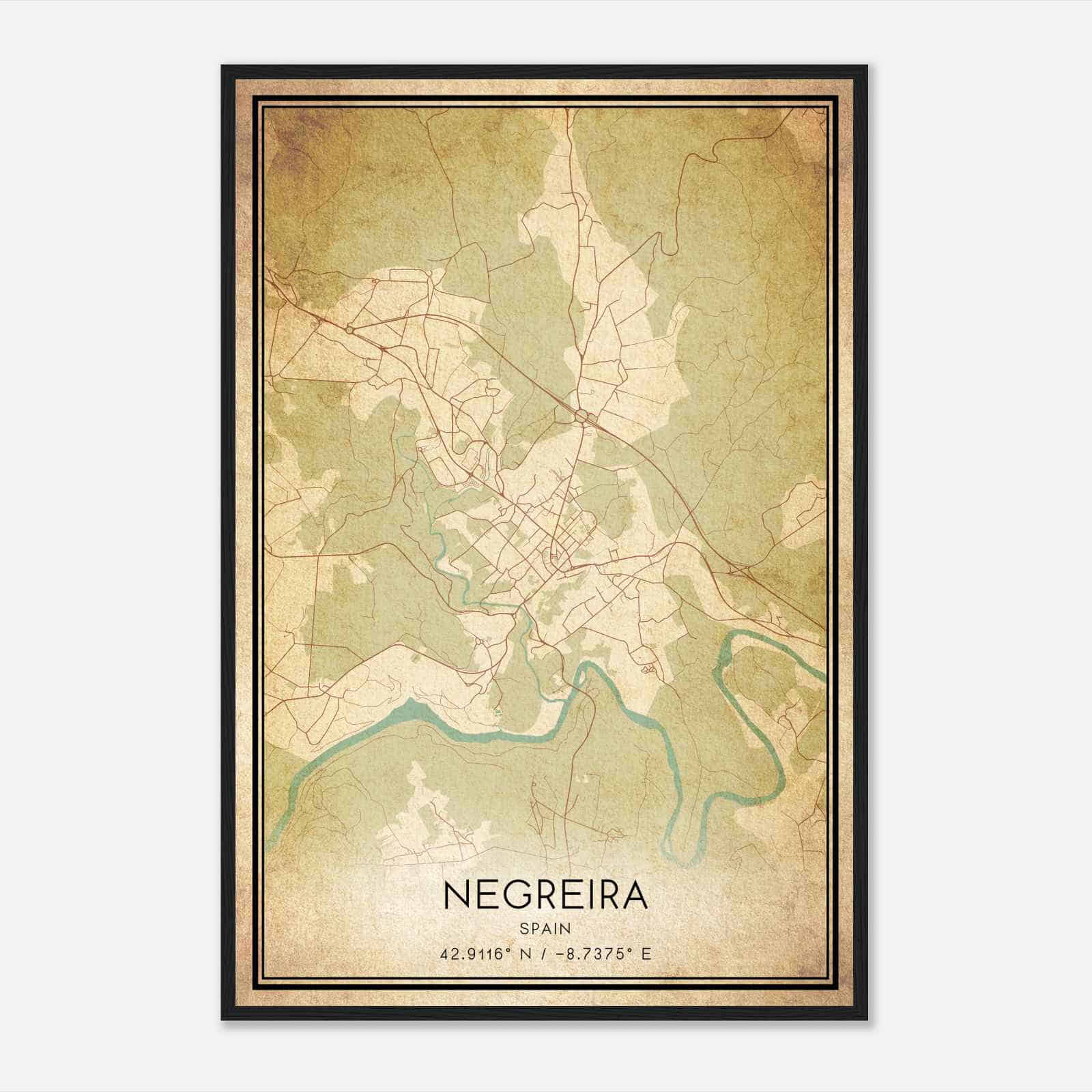 Vintage Negreira Spain Map Poster, Negreira City Road Wall Art Print