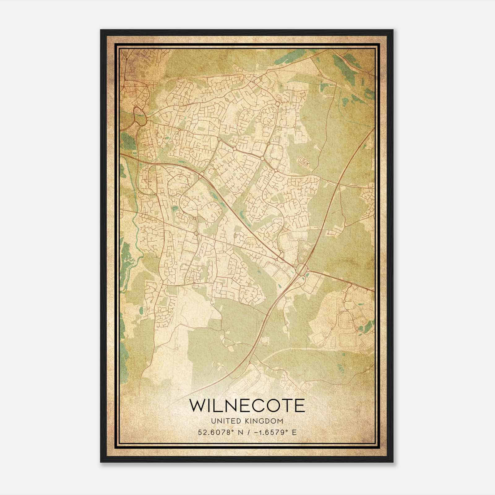 Vintage Wilnecote United Kingdom Map Poster, Wilnecote City Road Wall Art Print