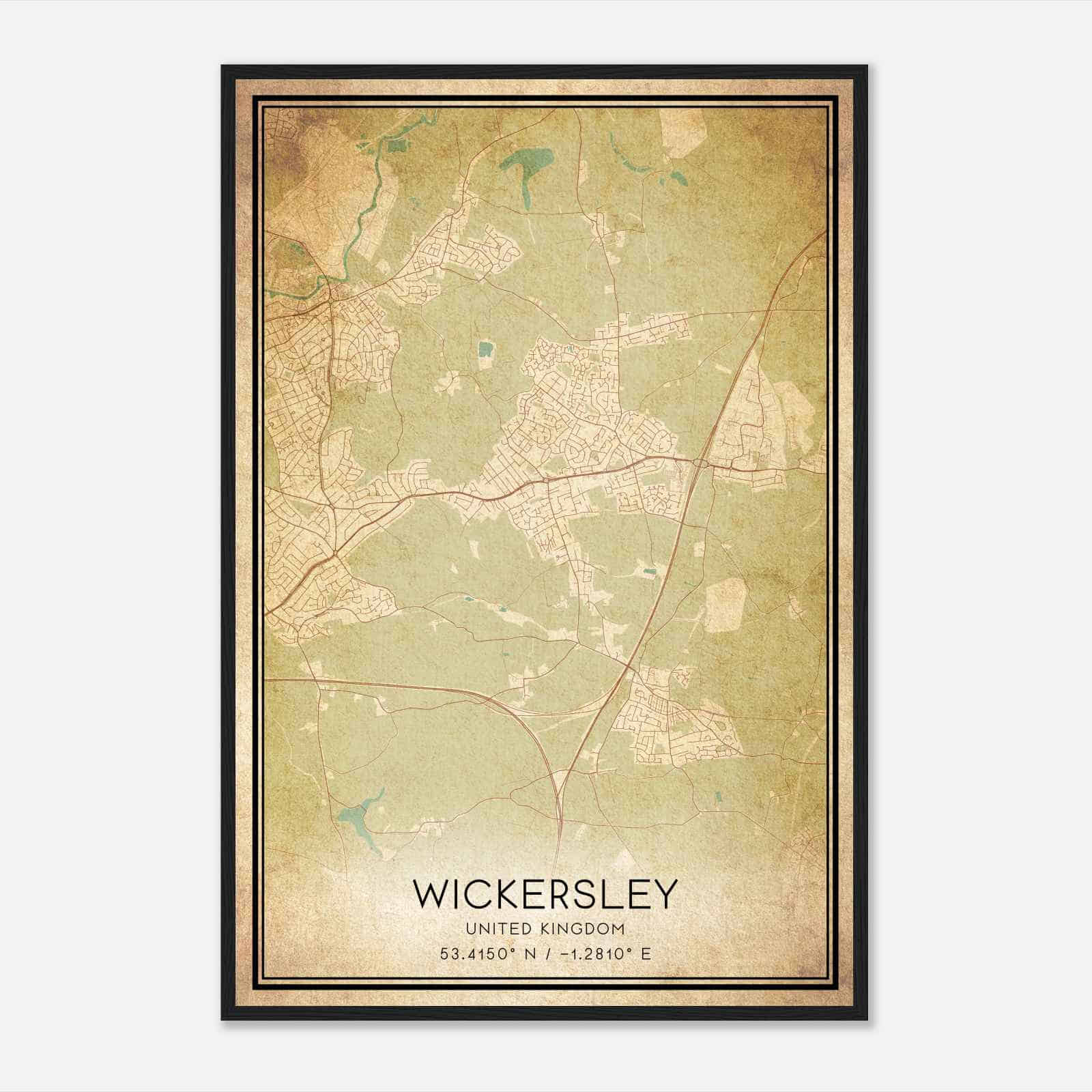 Vintage Wickersley United Kingdom Map Poster, Wickersley City Road Wall Art Print