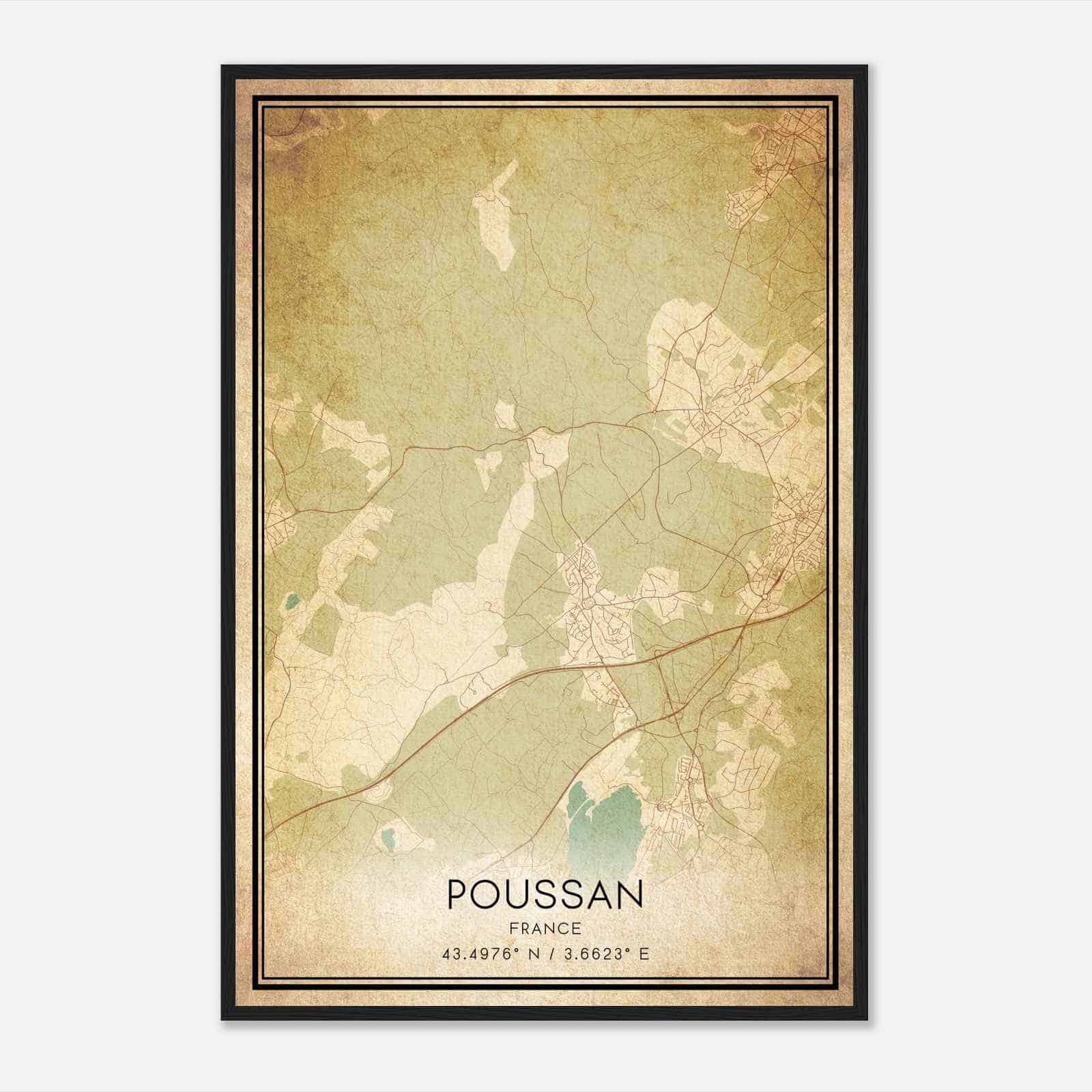 Vintage Poussan France Map Poster, Poussan City Road Wall Art Print