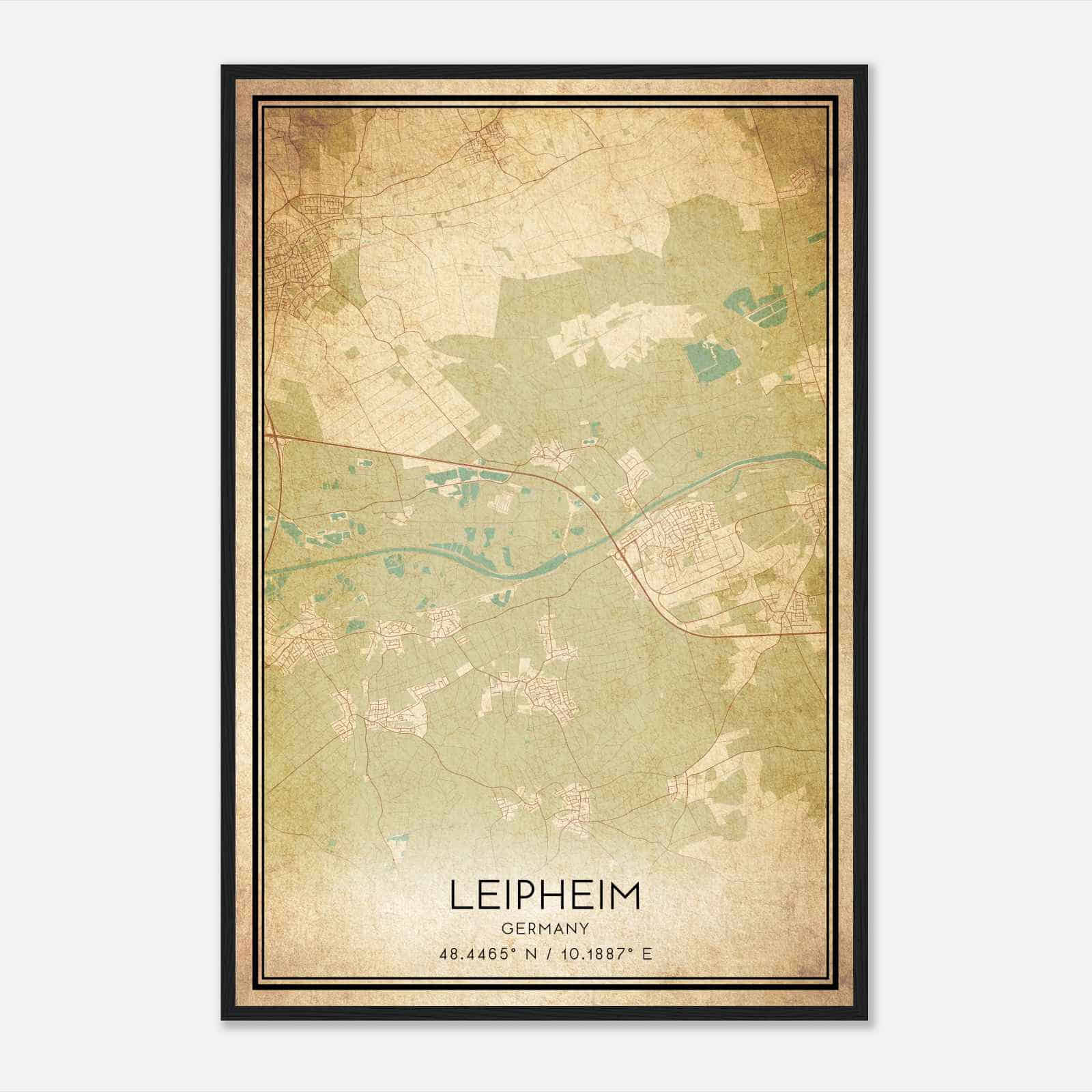 Vintage Leipheim Germany Map Poster, Leipheim City Road Wall Art Print